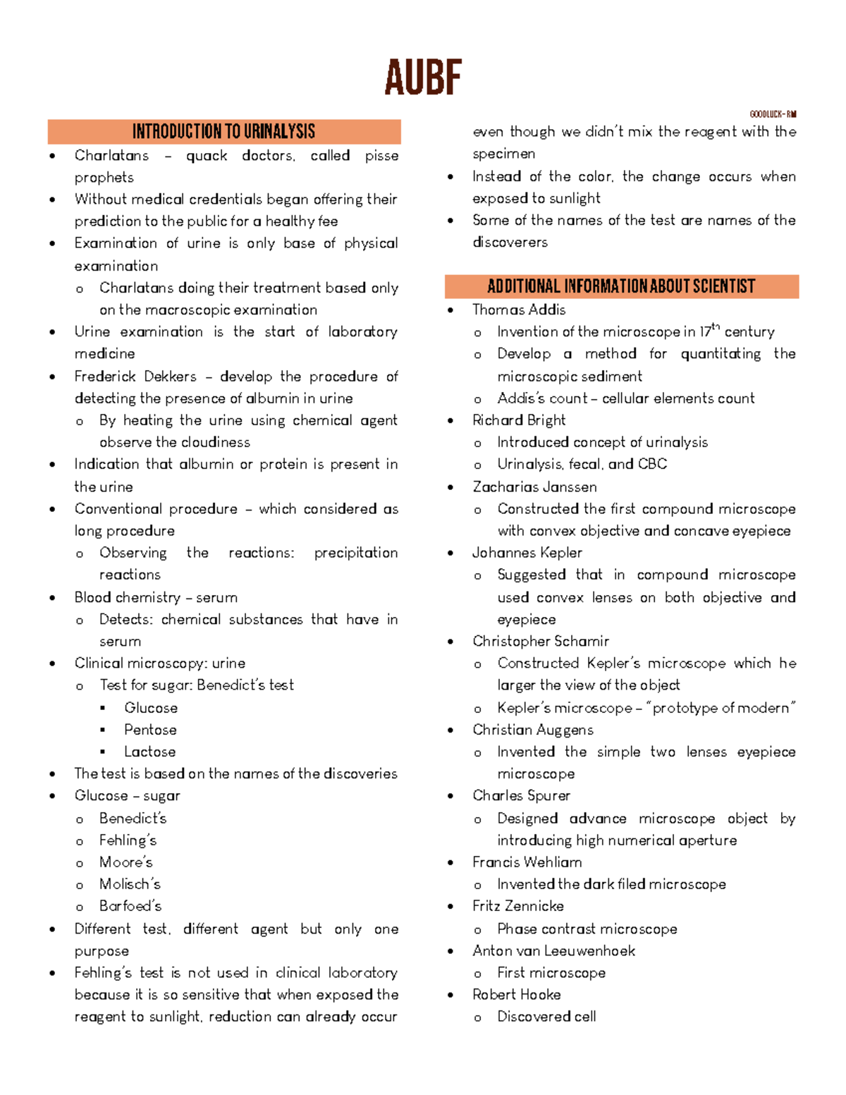 AUBF-IG Notes: Understanding Urinalysis Techniques and History - Studocu