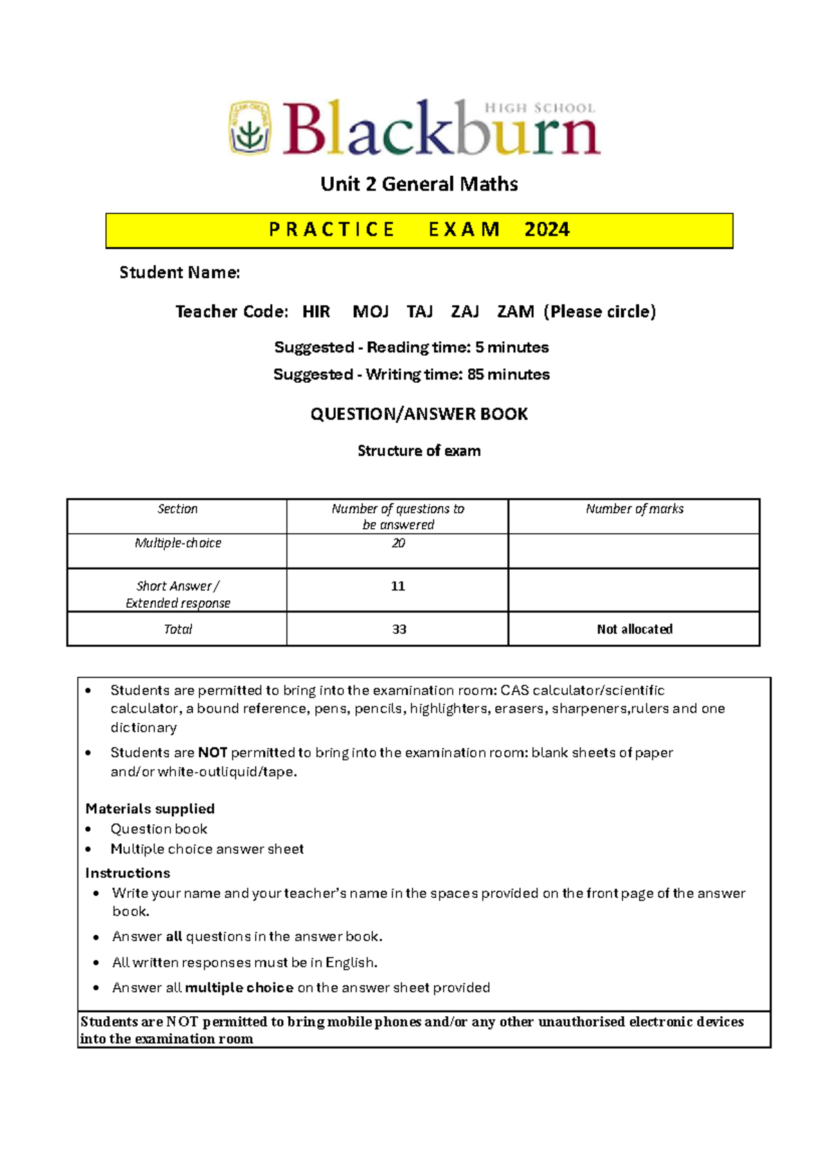 Unit 2 General Maths Final Exam Practice 2024 - Studocu