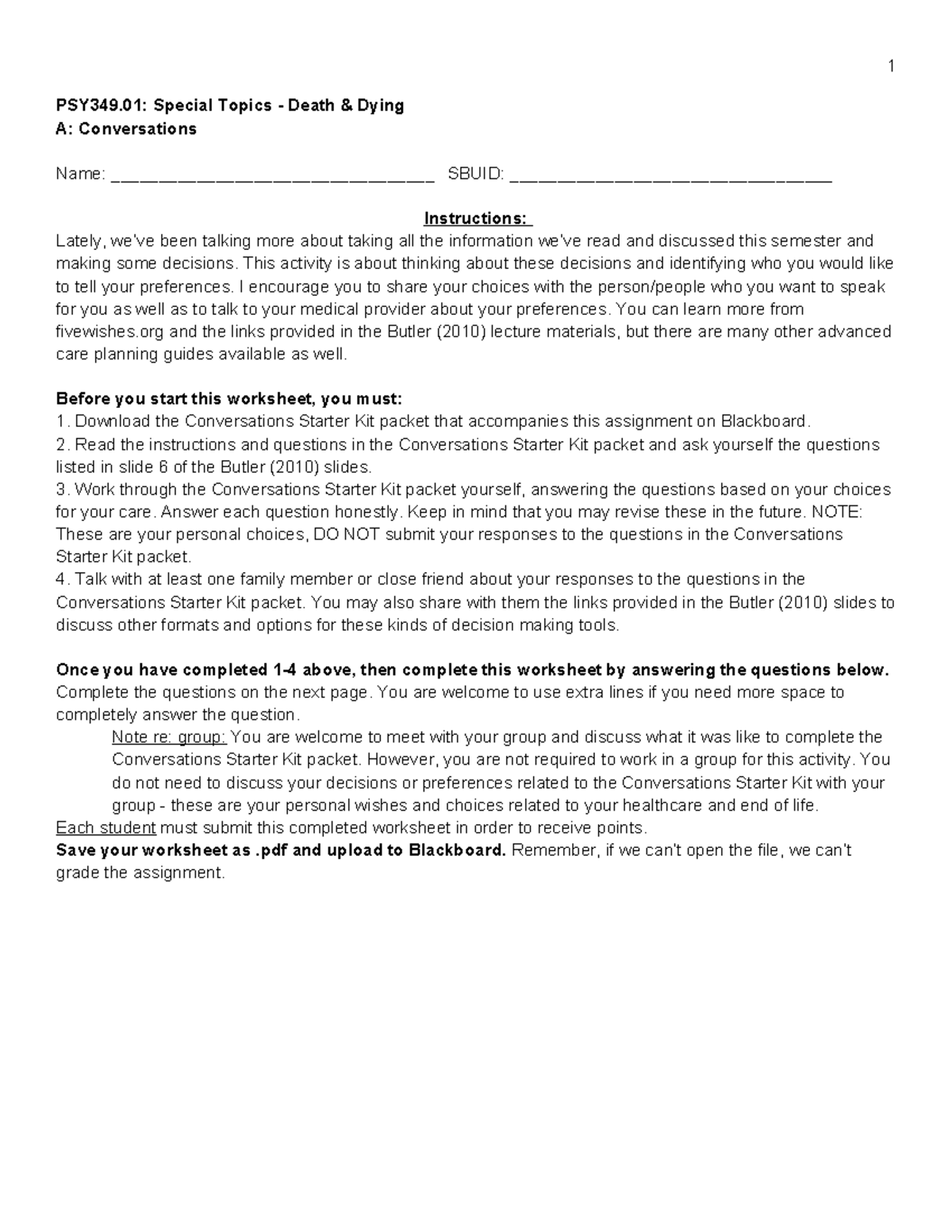PSY349.01: Conversations Worksheet on Death and Dying Preferences - Studocu