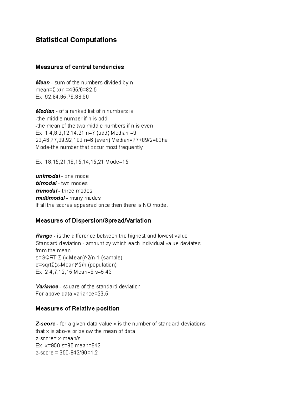 Statistical Computations: Measures of Central Tendency and Variance ...