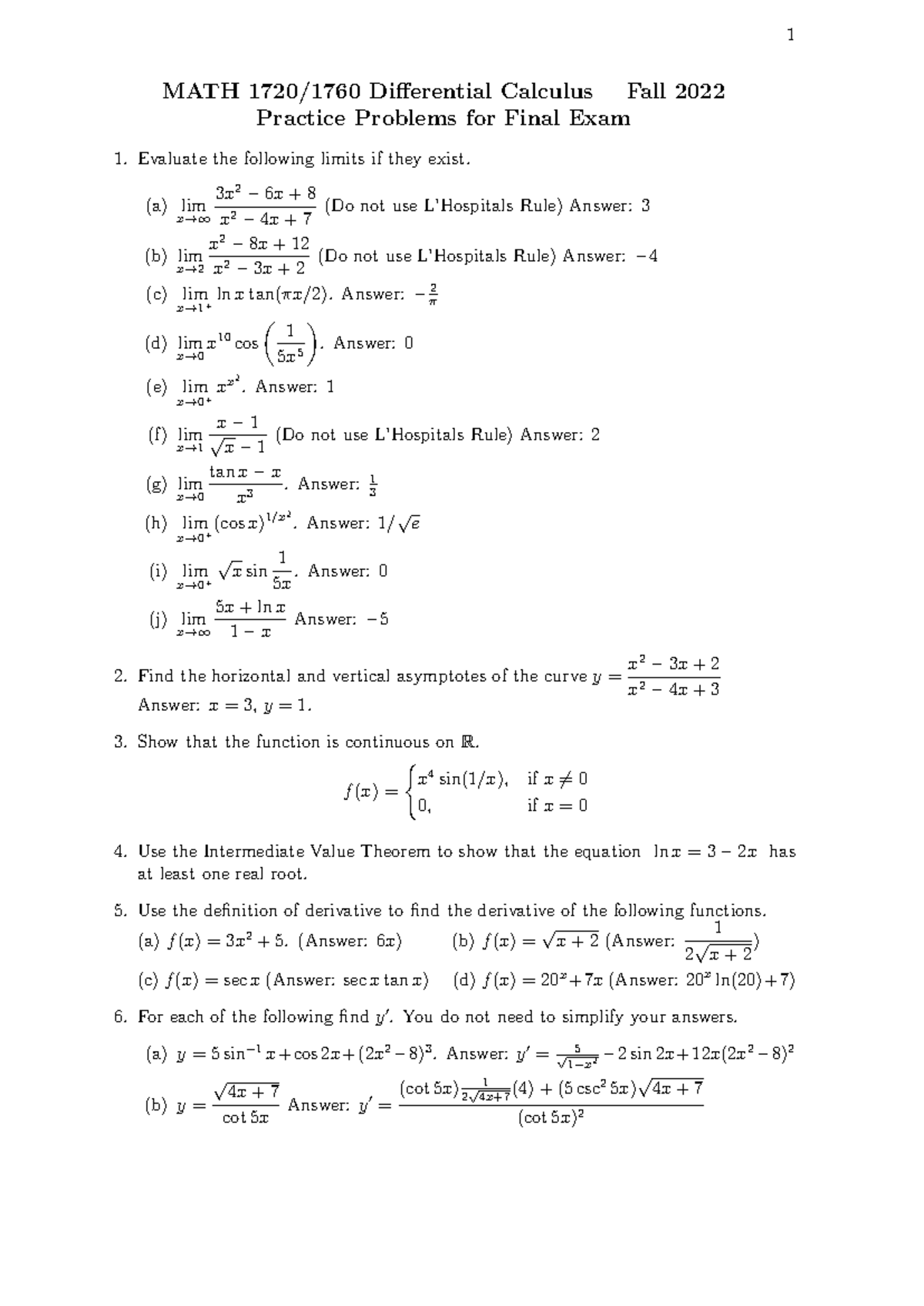 MATH 1720 Final Exam Practice Questions and Solutions - Studocu