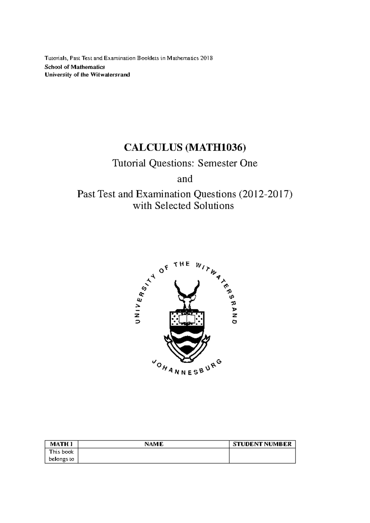 MATH1036 Past Exams & Solutions: Calculus (2012-2017) Booklet - Studocu