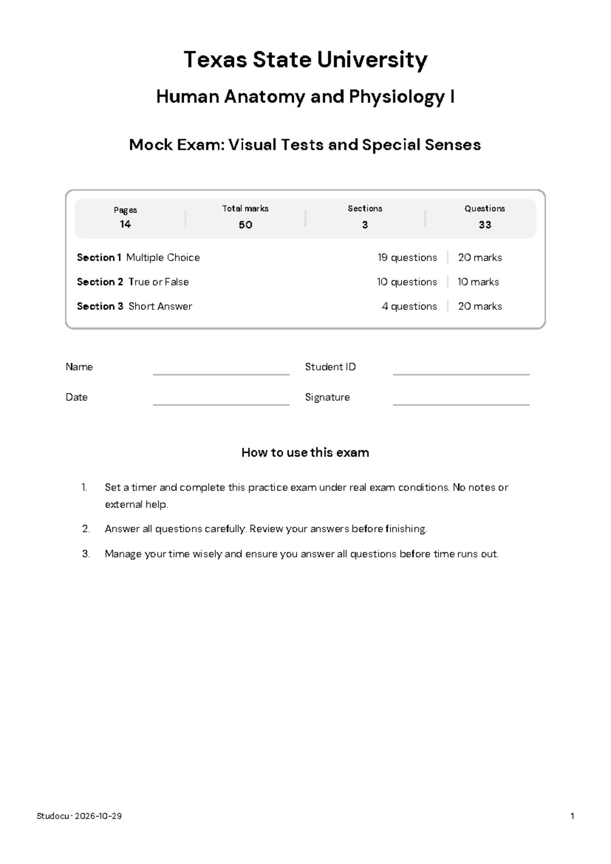 Mock Exam: Visual Tests and Special Senses - Texas State University ...