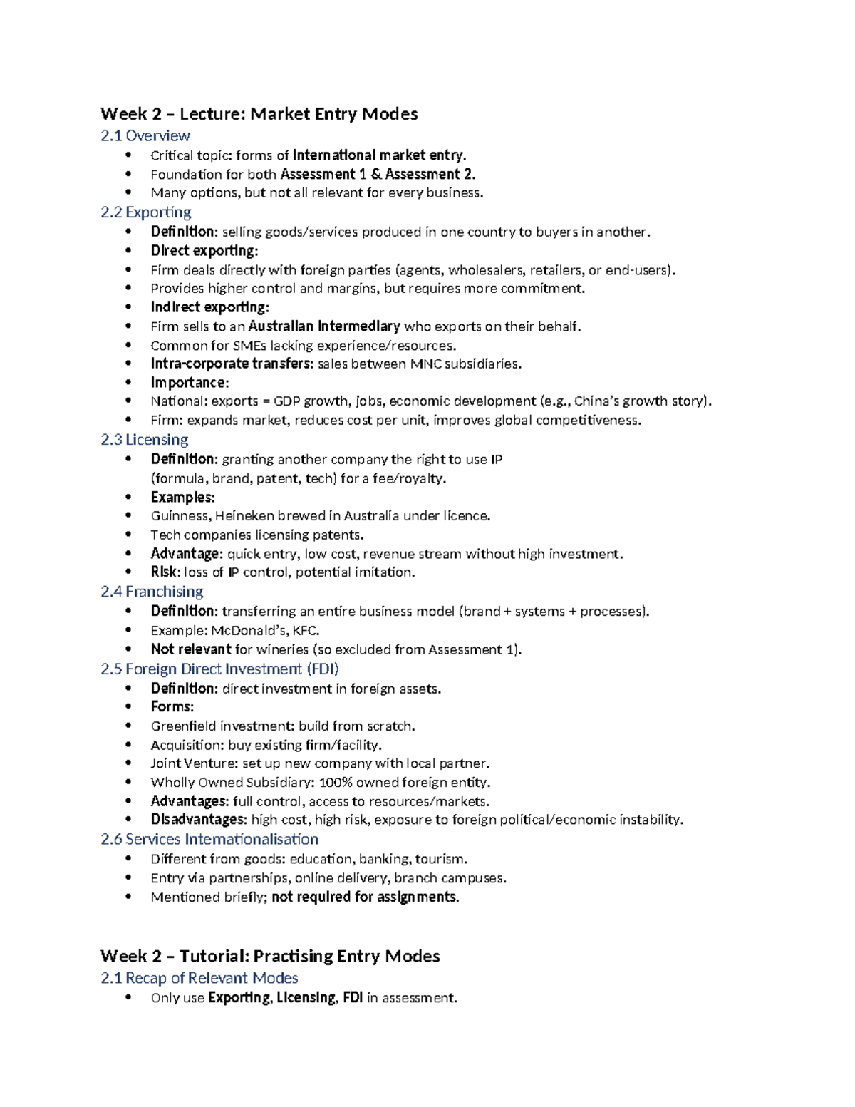AMB110 Week 2 Lecture: Overview of Market Entry Modes - Studocu