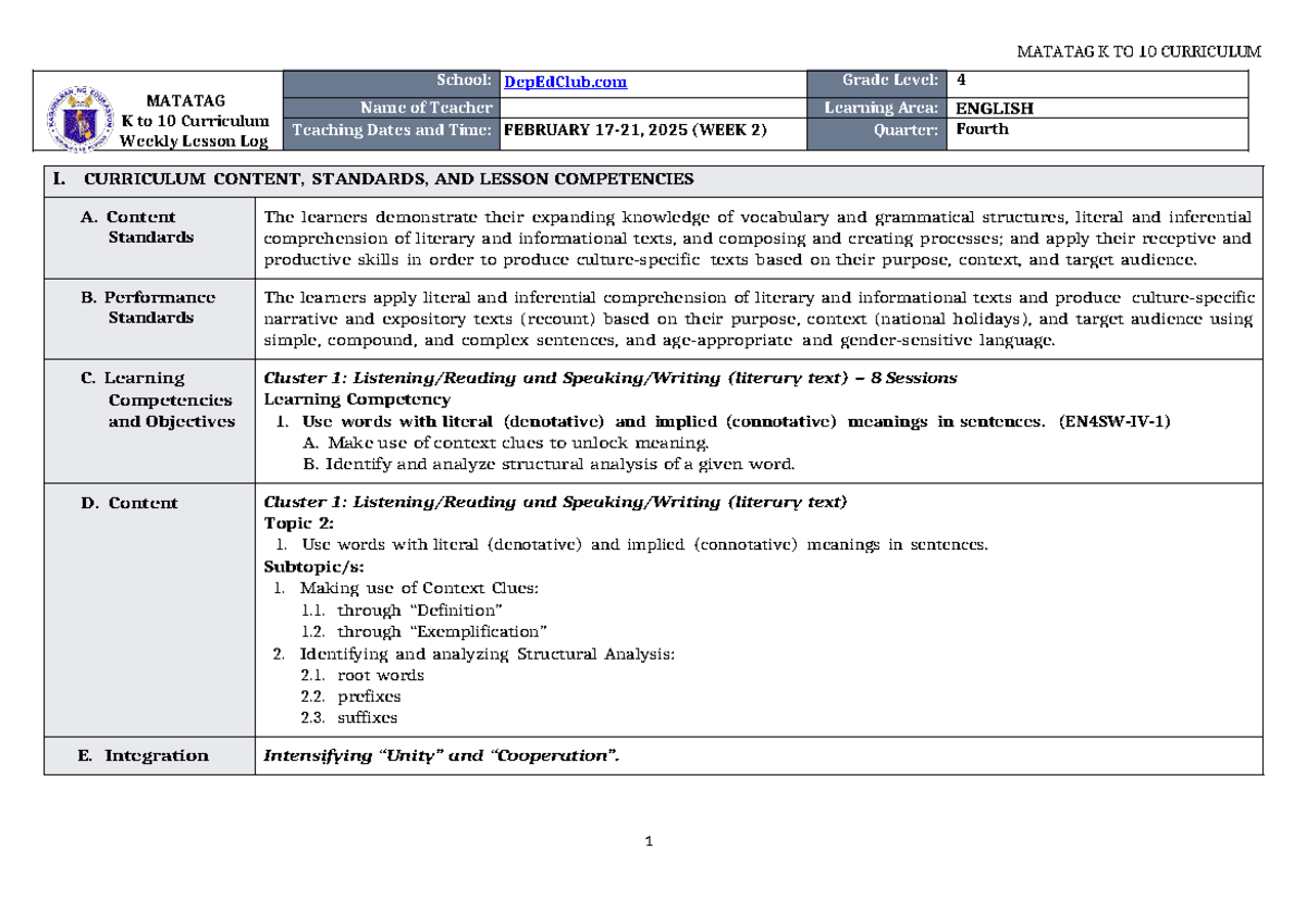 DLL Matatag English 4 Q4 W2 Weekly Lesson Log - Week 2 Activities - Studocu