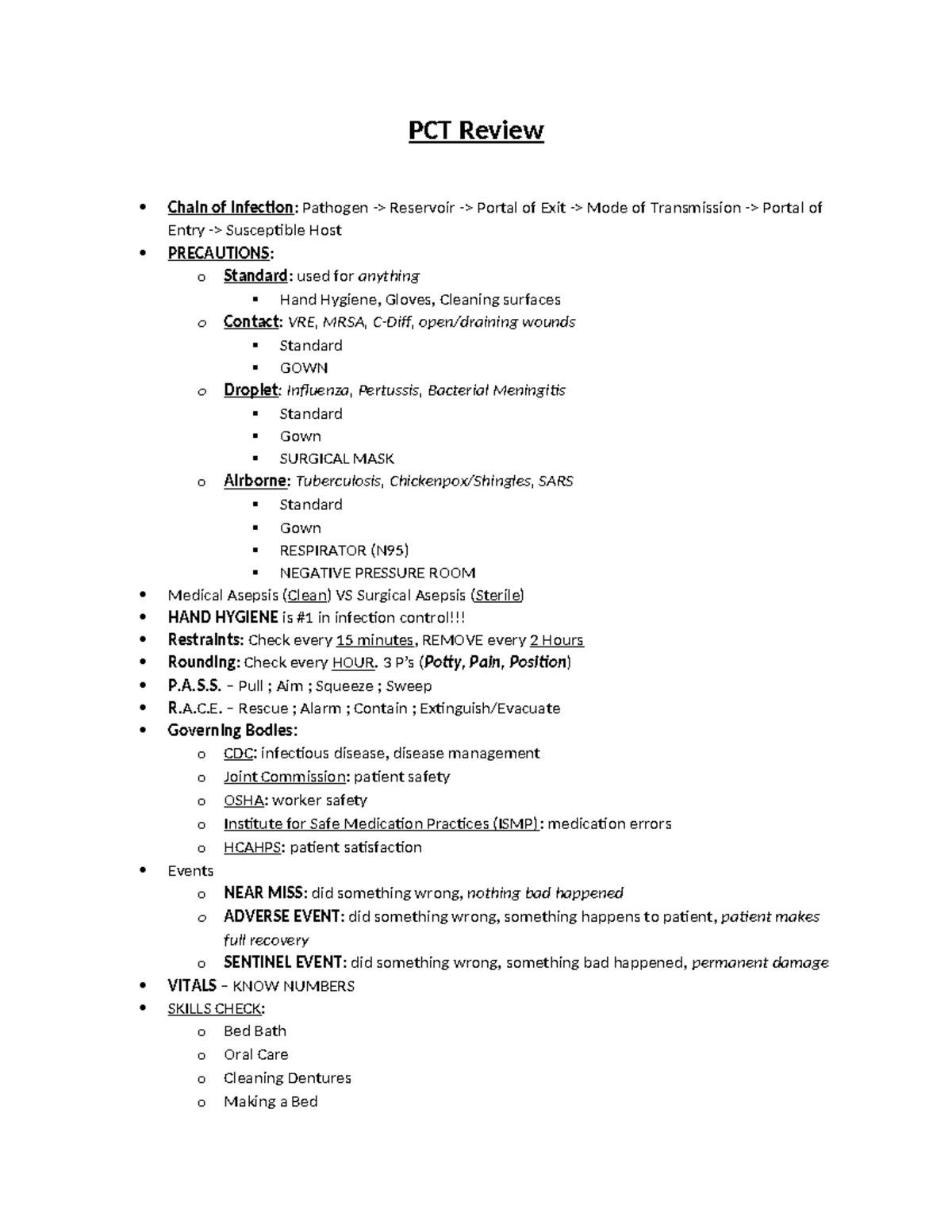 PCT Review: Chain of Infection & Patient Care Protocols Summary - Studocu