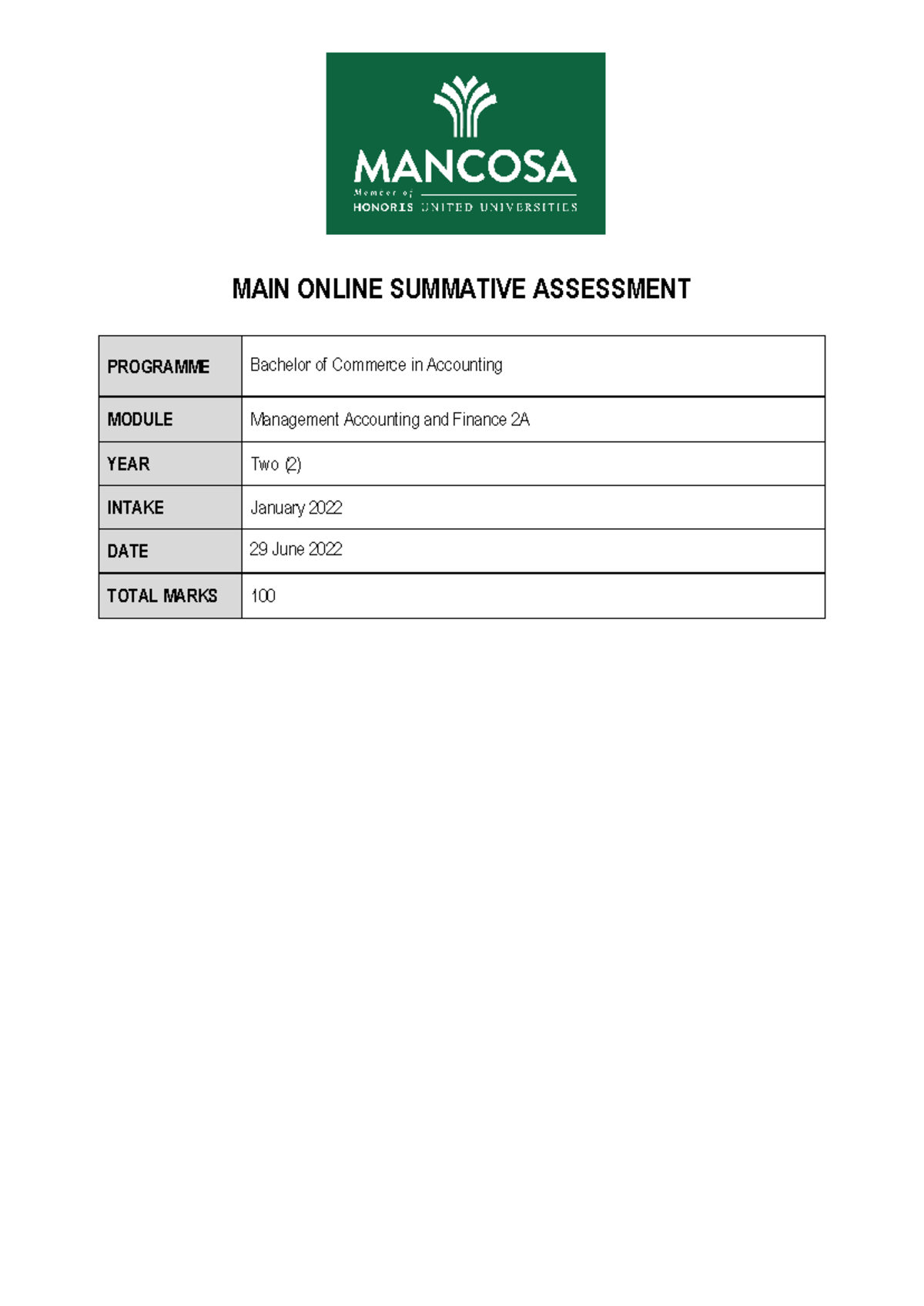 Management Accounting and Finance 2A Main OSA Exam Paper - June 2022 ...