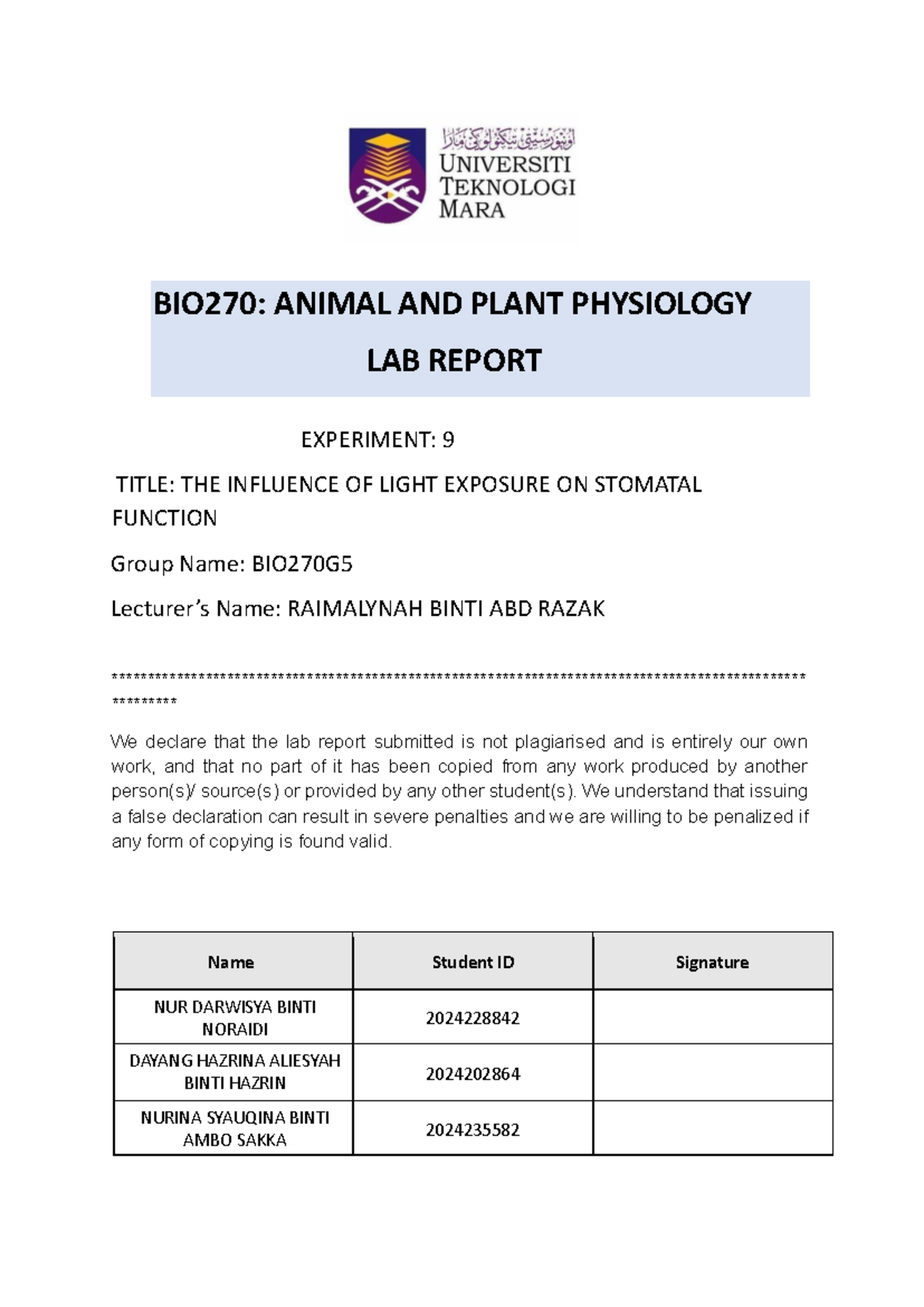 BIO270: Lab Report on Light Exposure's Effect on Stomatal Function ...