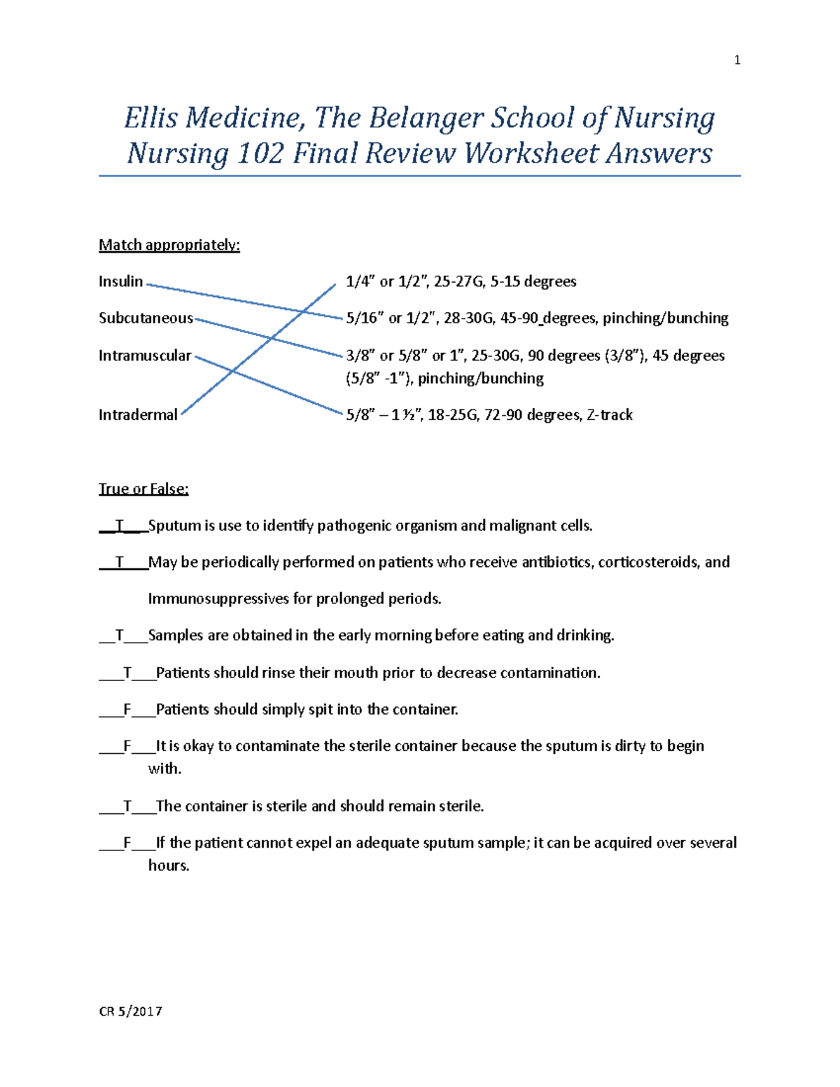 Nursing 102: Final Exam Review Worksheet Answer Key - Studocu
