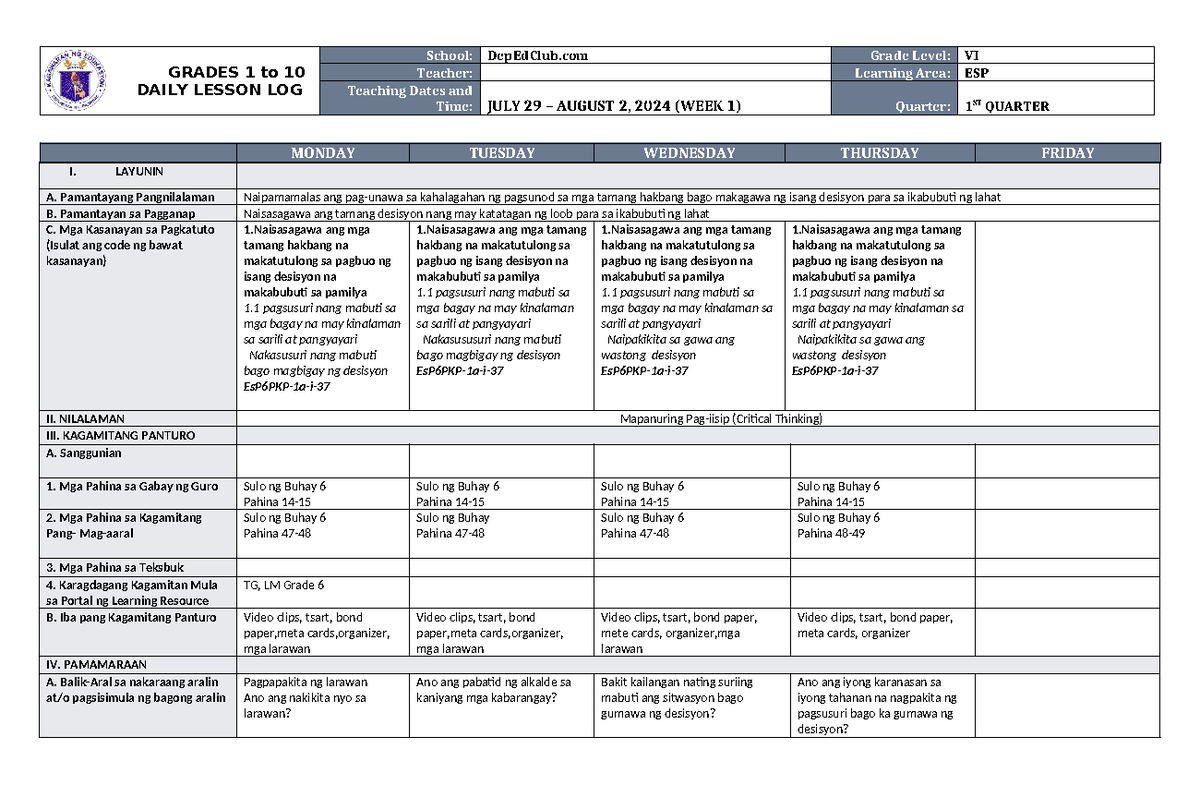DLL ESP 6 Q1 W1 - WEEK 1 DAILY LESSON LOG - Studocu