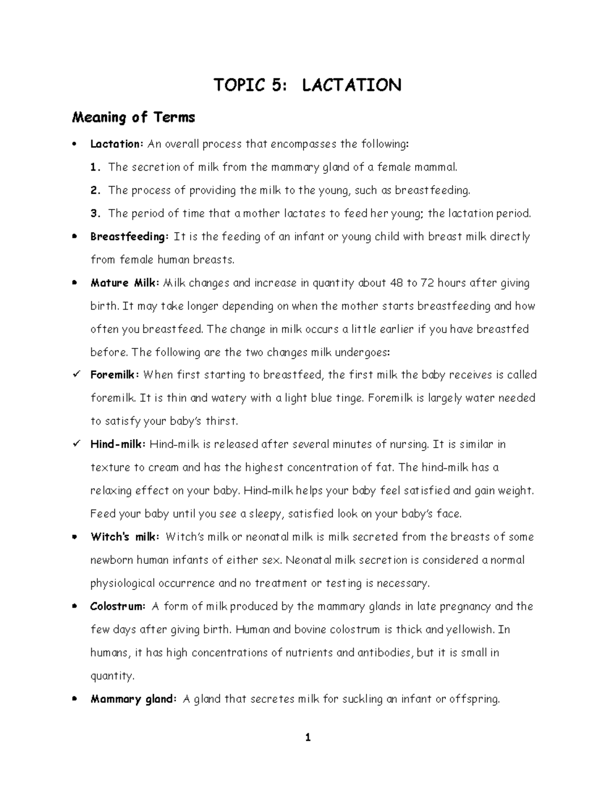 Topic 5 - Lactation - notes - TOPIC 5: LACTATION Meaning of Terms ...
