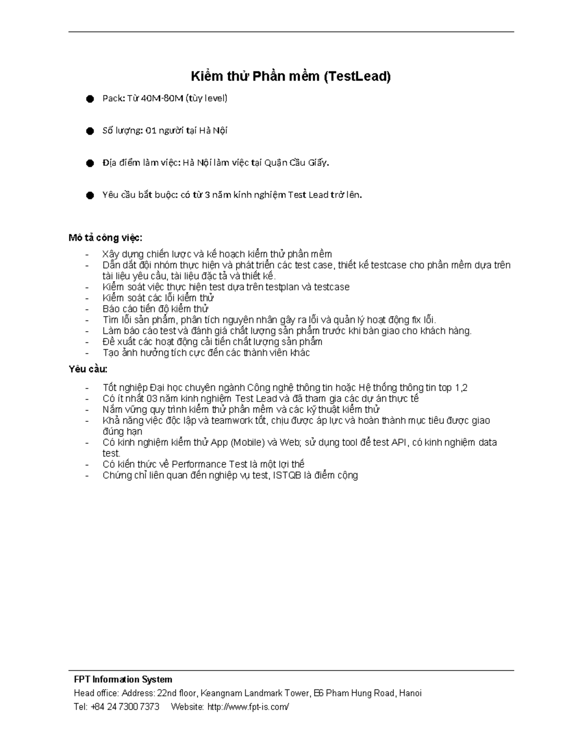 JD Test Lead - Software Testing Position in Hà Nội - Studocu