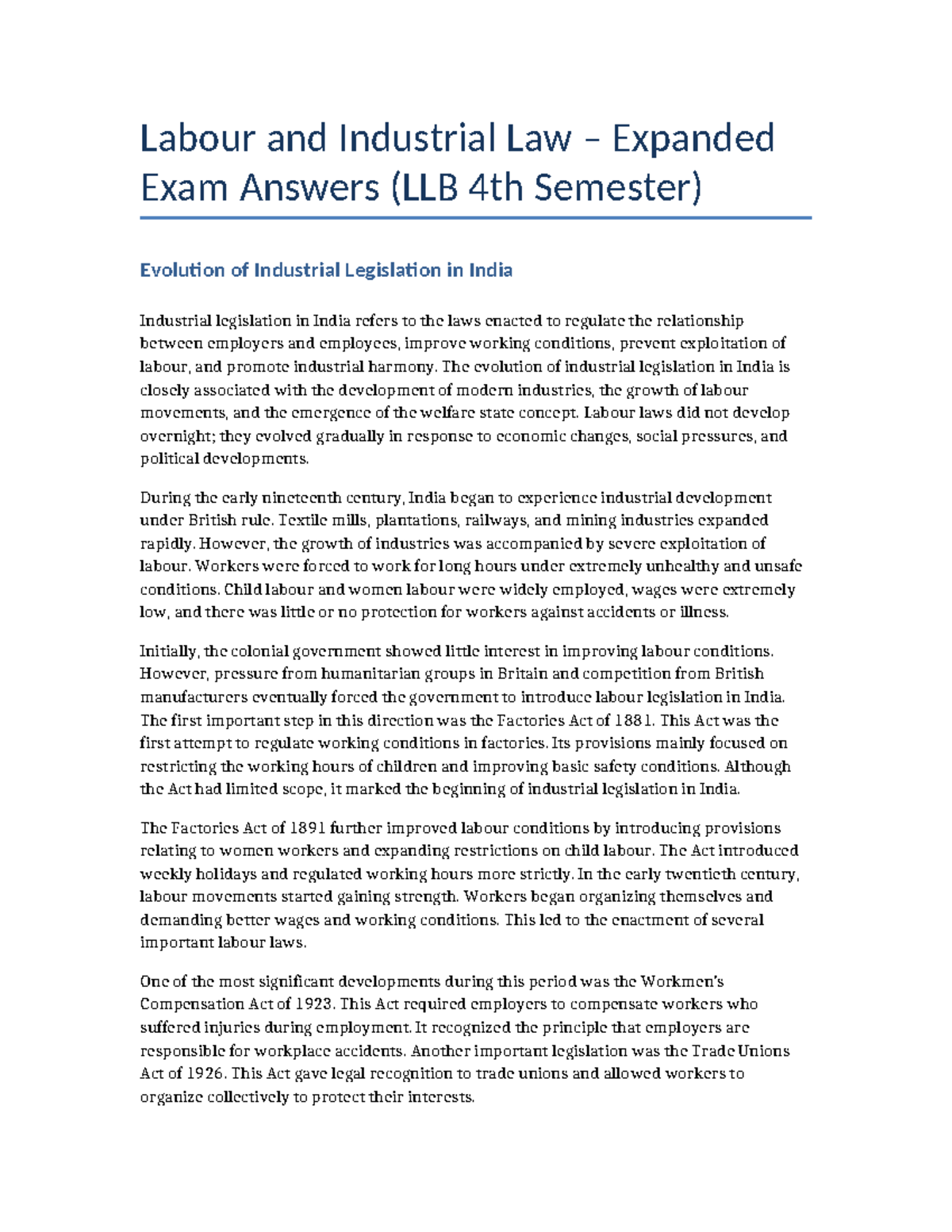 Labour and Industrial Law Exam Answers (LLB 4th Sem) - Studocu
