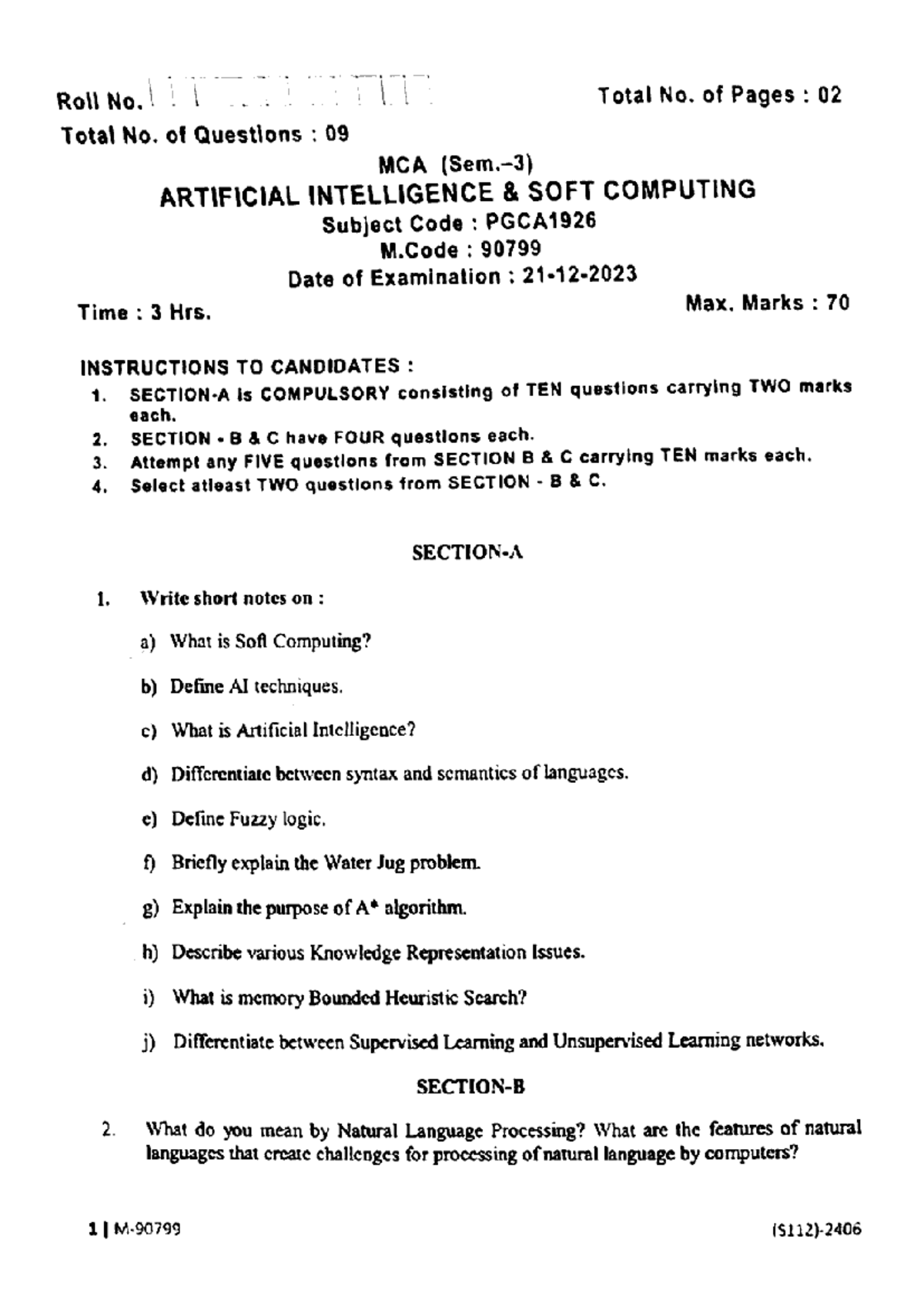 MCA PGCA1926 AI Soft Computing Exam Questions & Instructions - Studocu