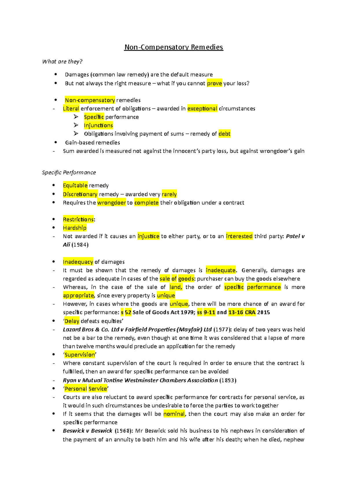 Non-Compensatory Remedies: Understanding Specific Performance and ...