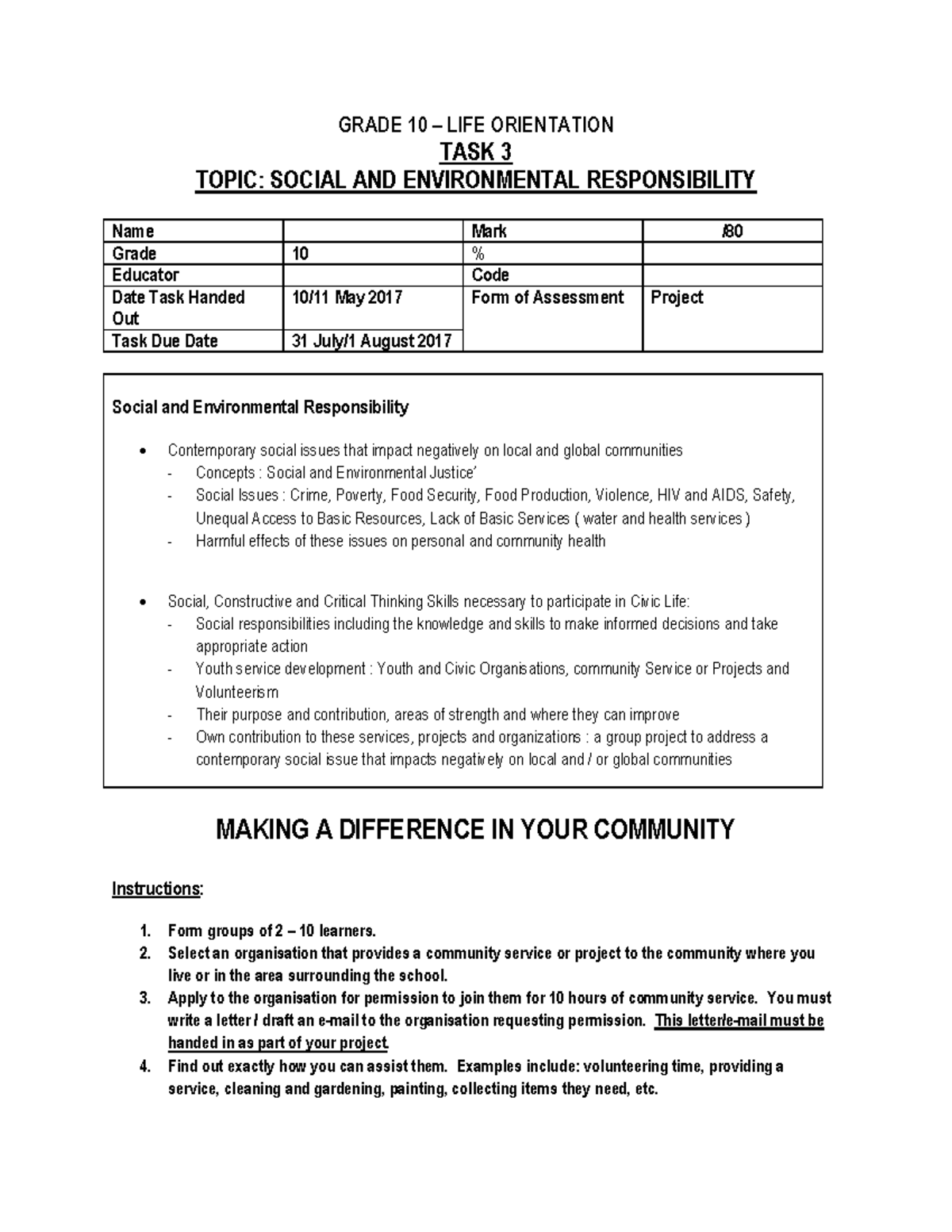 Grade 10 LIFE Orientation Task 3: Project on Social Responsibility ...