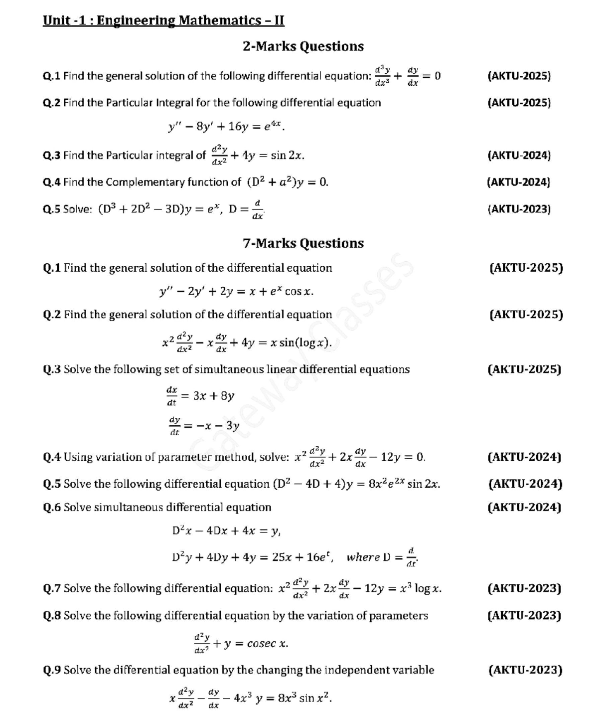 Engineering Mathematics II: Important Questions & Solutions - Studocu