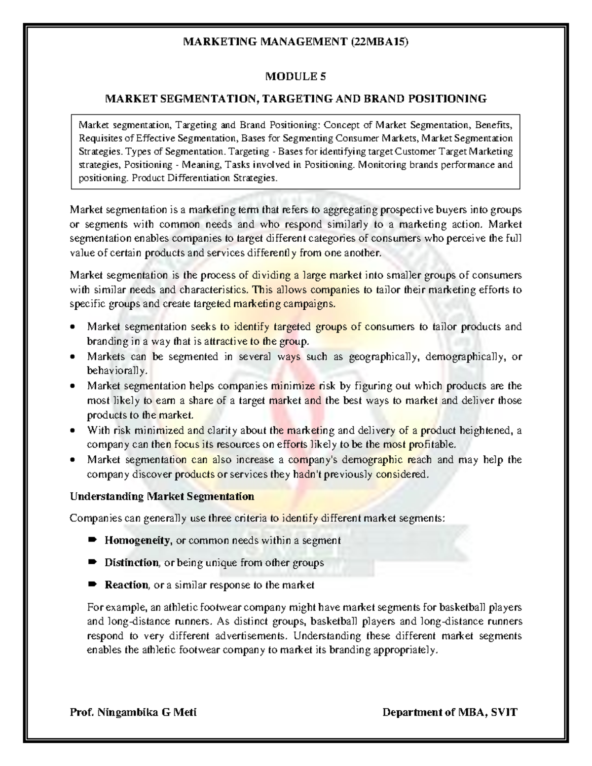 Module 5 MM - Notes - MODULE 5 MARKET SEGMENTATION, TARGETING AND BRAND ...