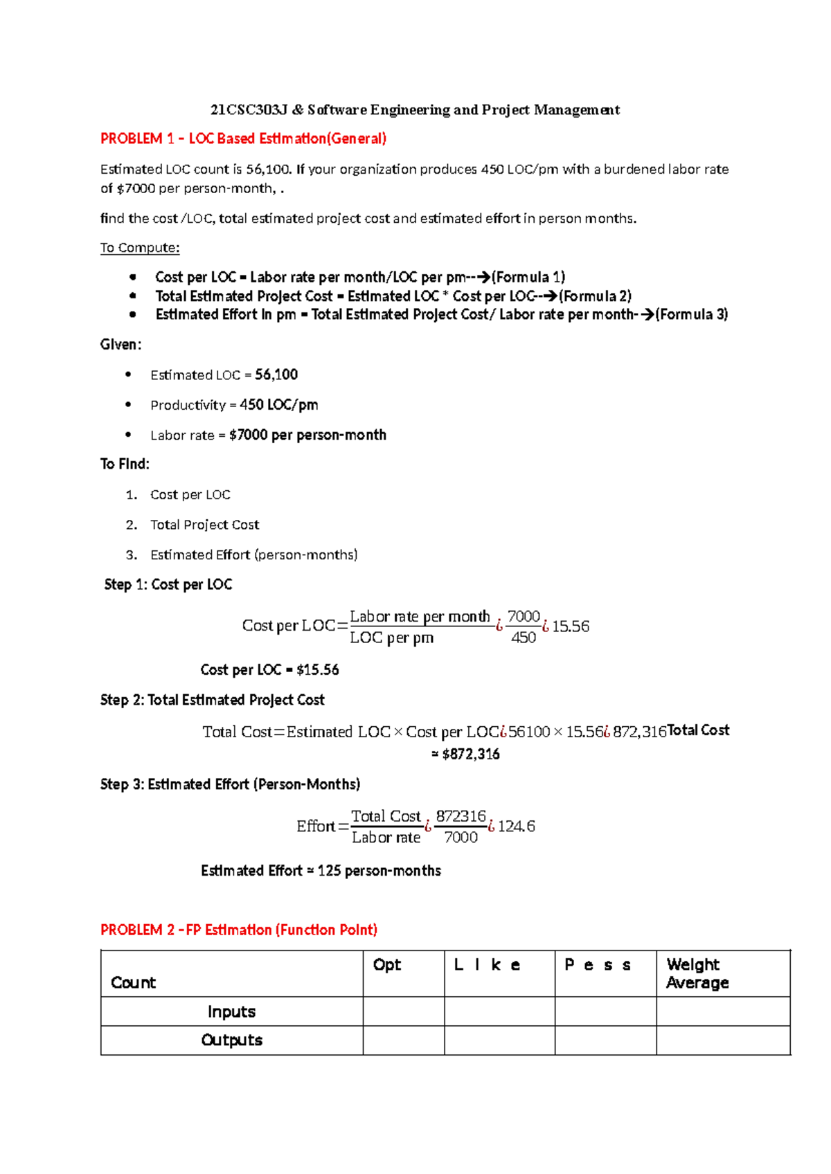 21CSC303J Software Engineering Estimation Problems - Final Exam - Studocu