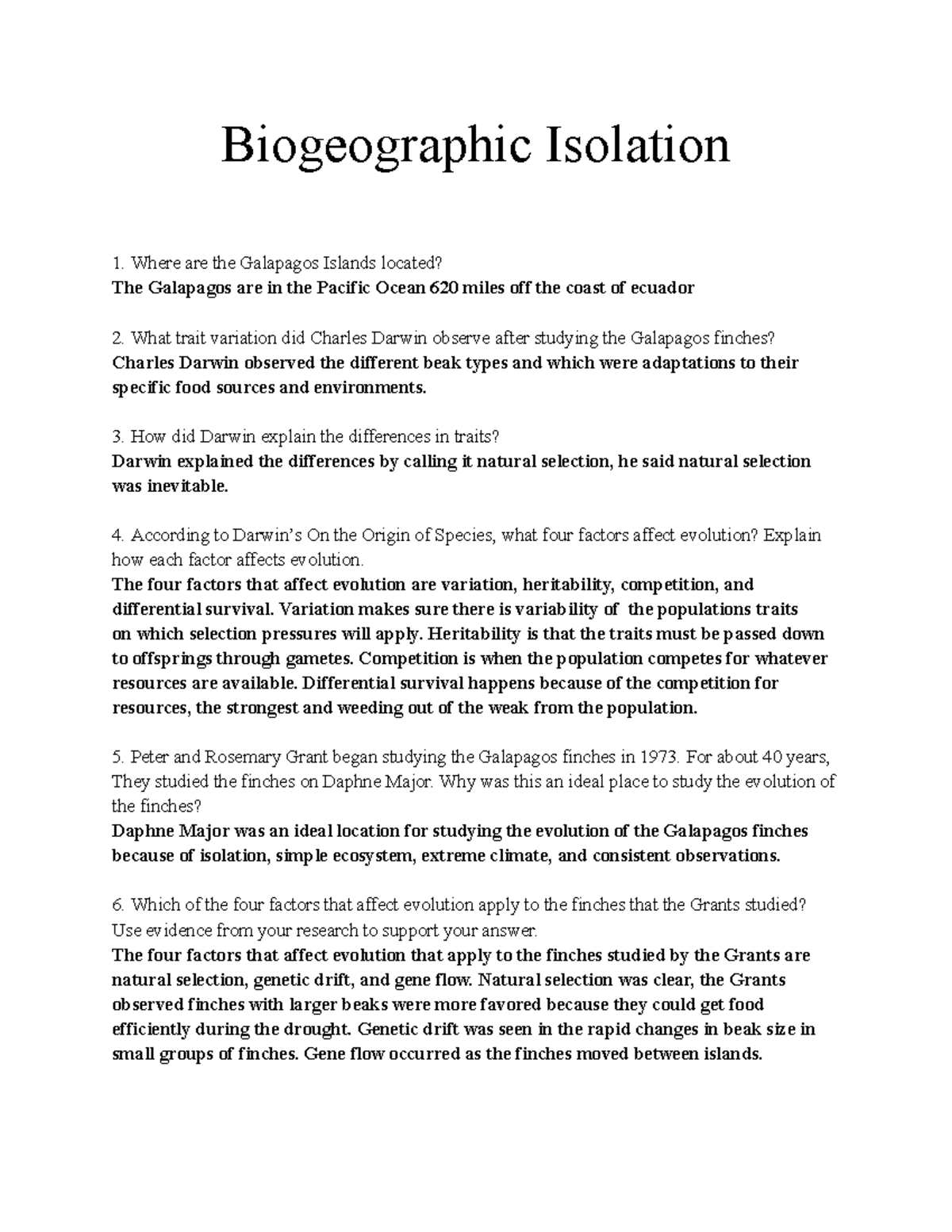 Biogeographic Isolation: Evolution of Galapagos Finches Insights - Studocu