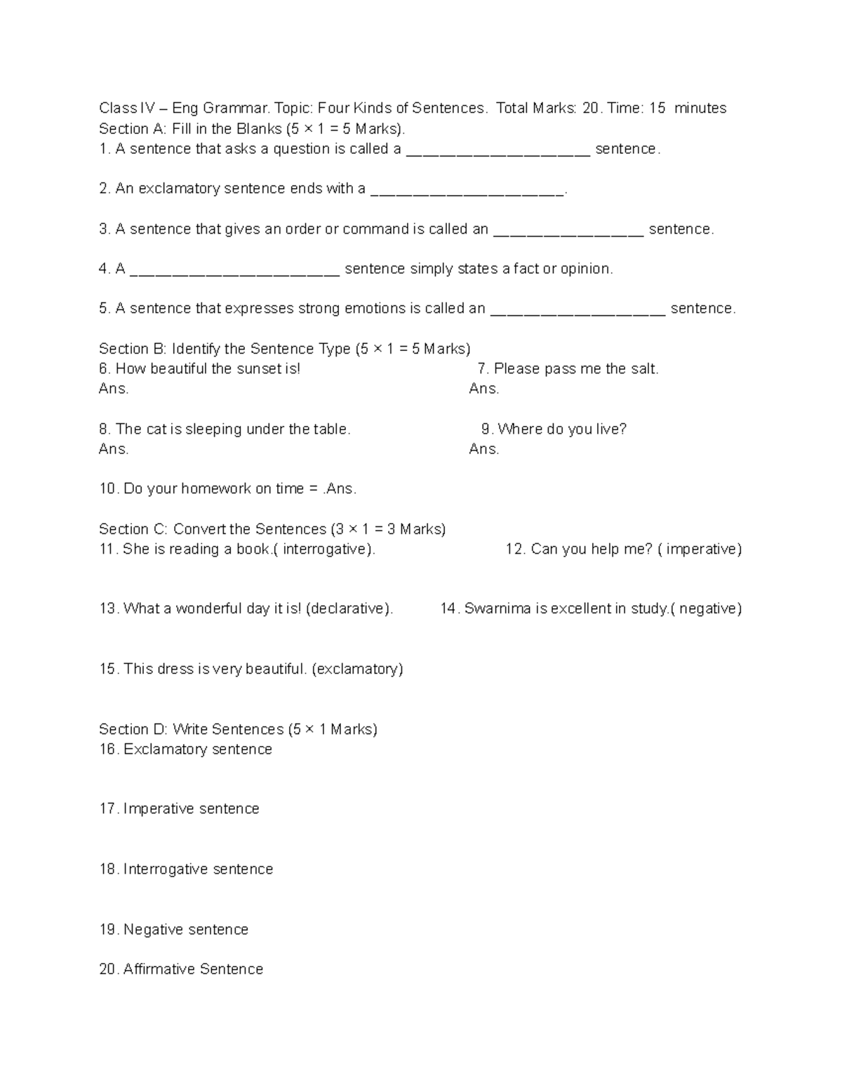 Class IV – Eng Grammar: Types of Sentences - Quiz Notes - Studocu