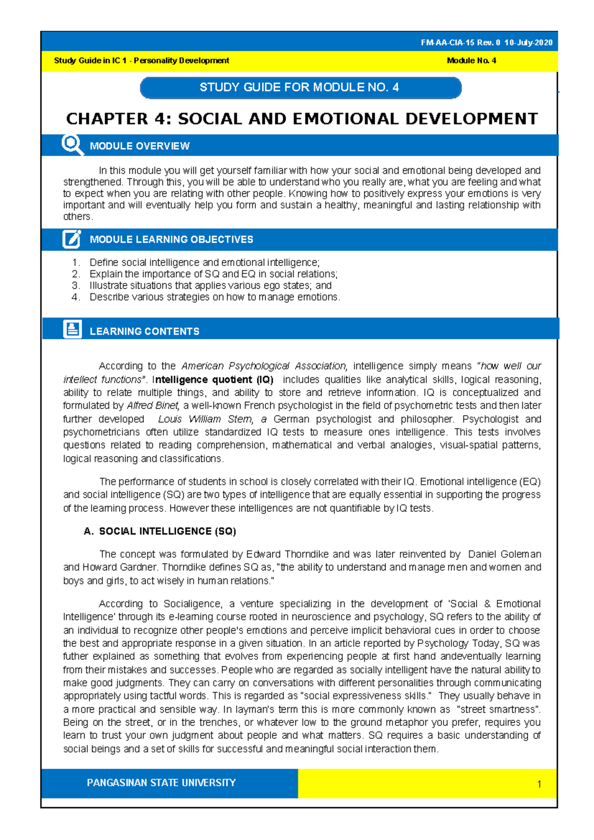 GEC10 Study Guide: Module 4 on Social and Emotional Development - Studocu