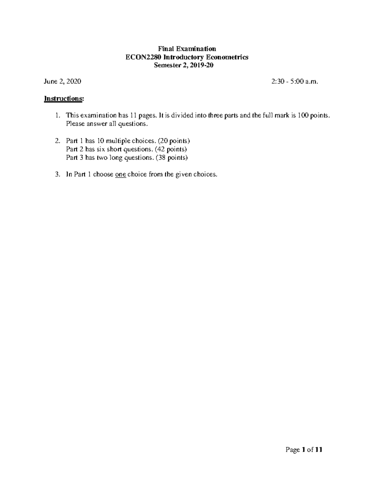 Final Exam 2020 ECON2280 Introductory Econometrics - Spring Semester ...