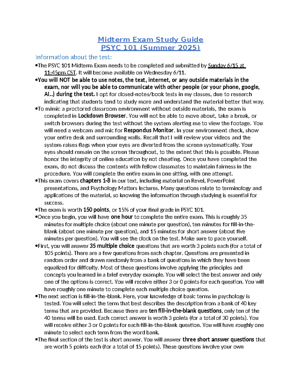PSYC 101 Midterm Exam Study Guide: Key Concepts & Strategies (Summer ...