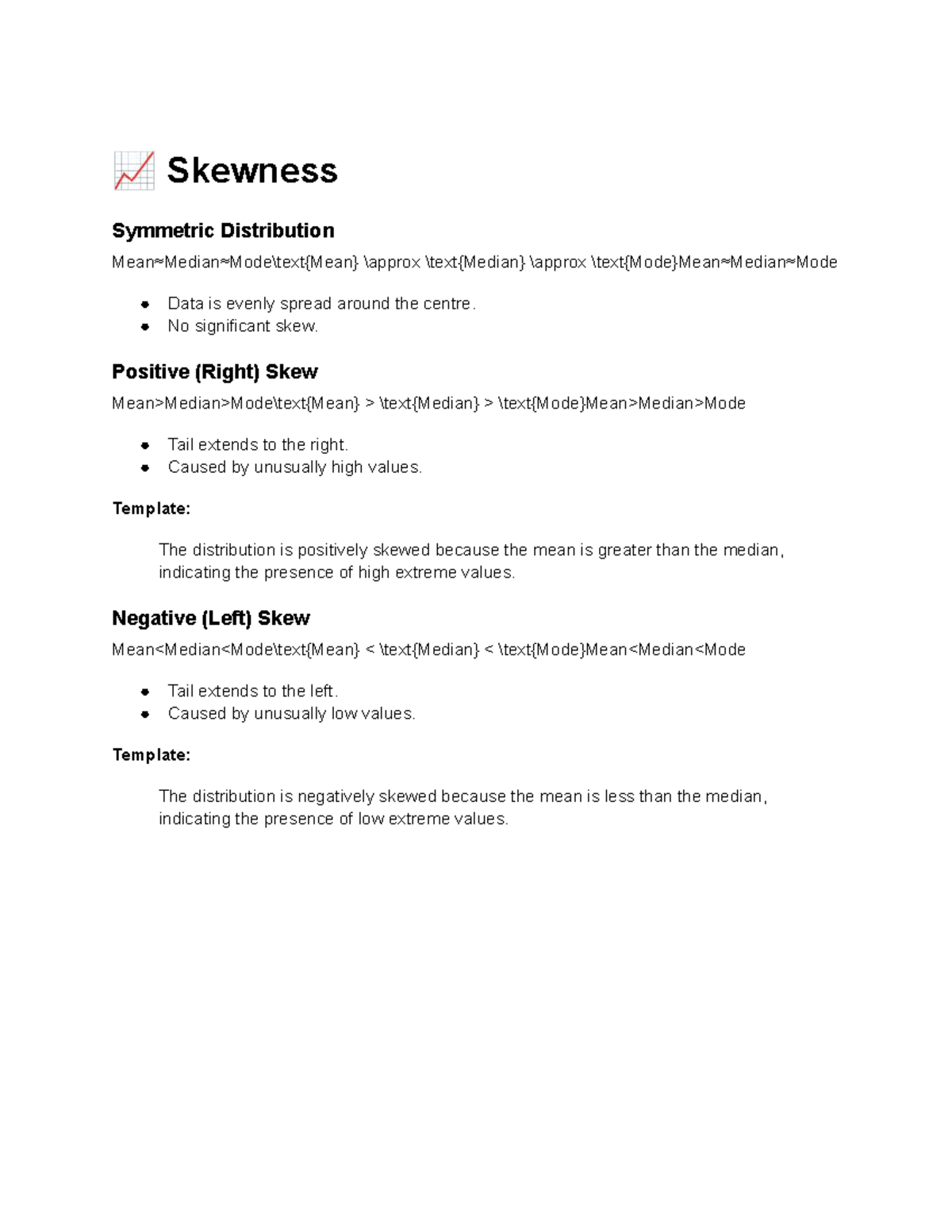 MATH - class notes - 📈 Skewness Symmetric Distribution Mean≈Median≈Mode ...