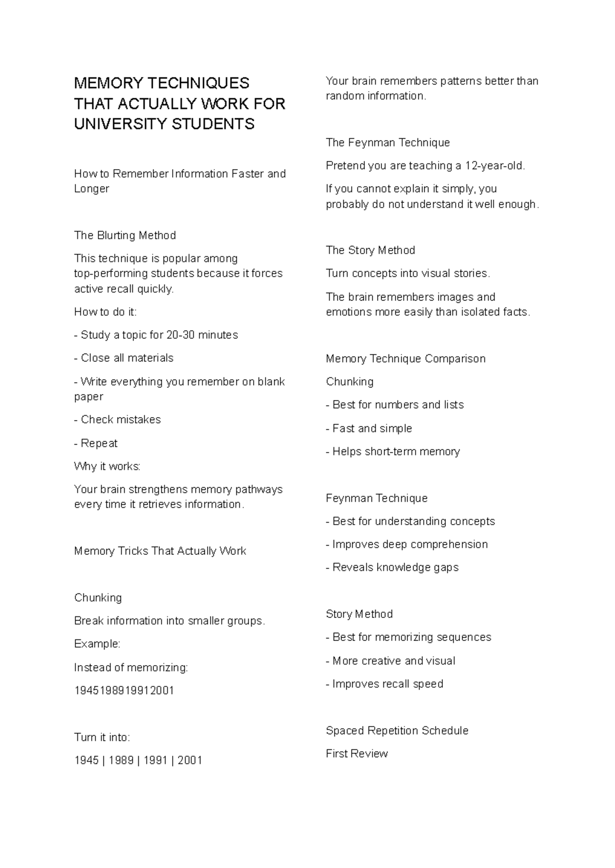 Curated visual reference: Visual Reference: Effective Memory Techniques For University Students A Guide