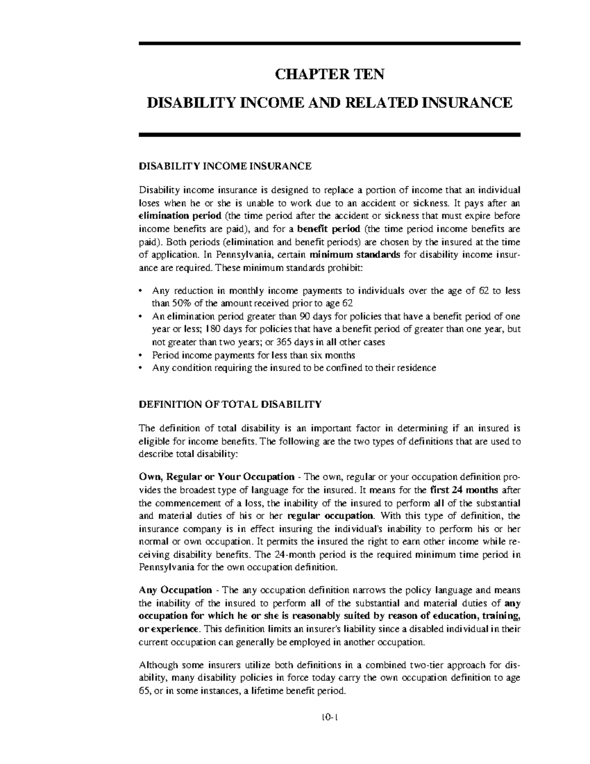 Disability Income and Related Insurance: Chapter 10 Overview (Final ...
