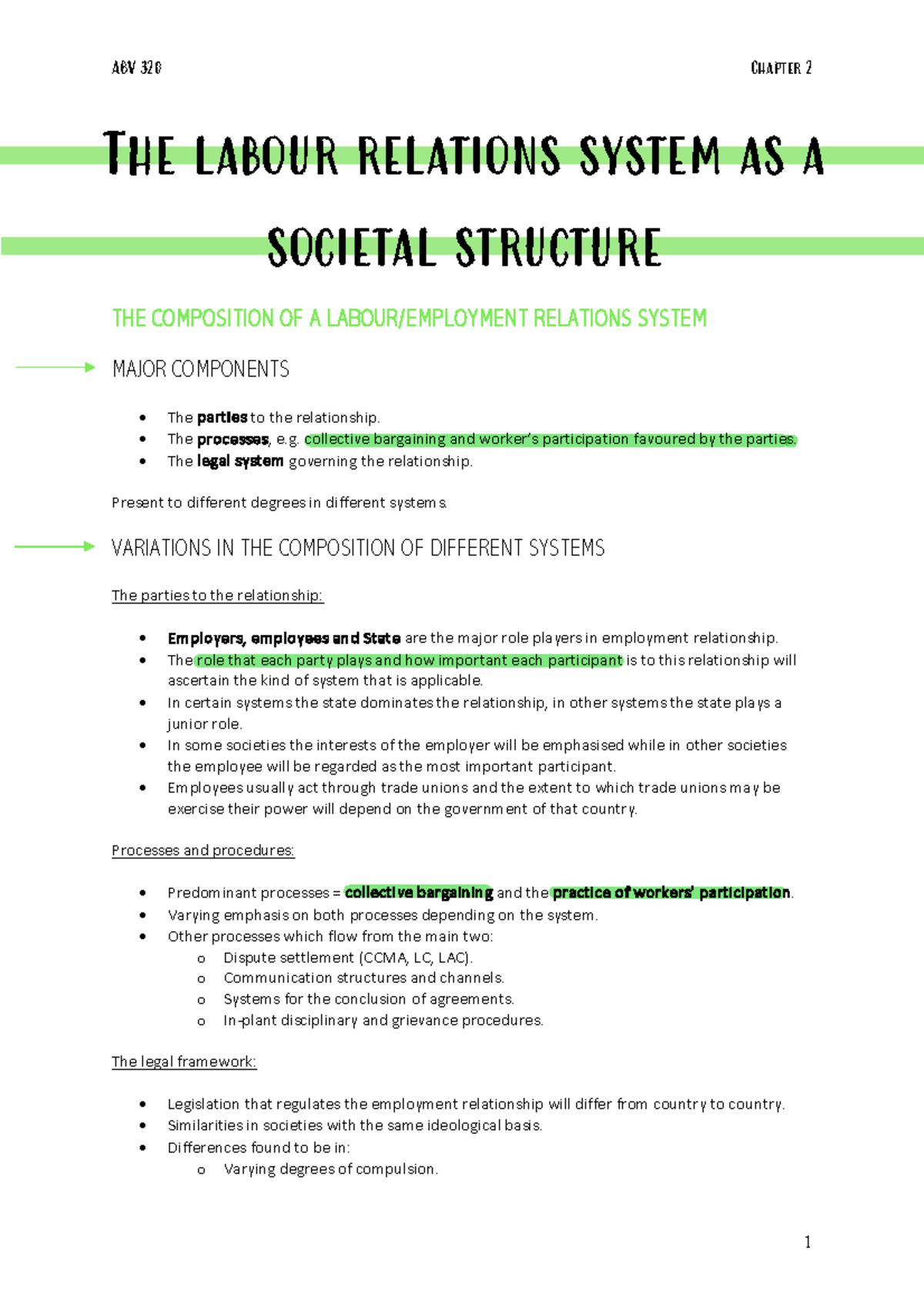 ABV 320 Chapter 2 Summary: The Labour Relations System Explained - Studocu