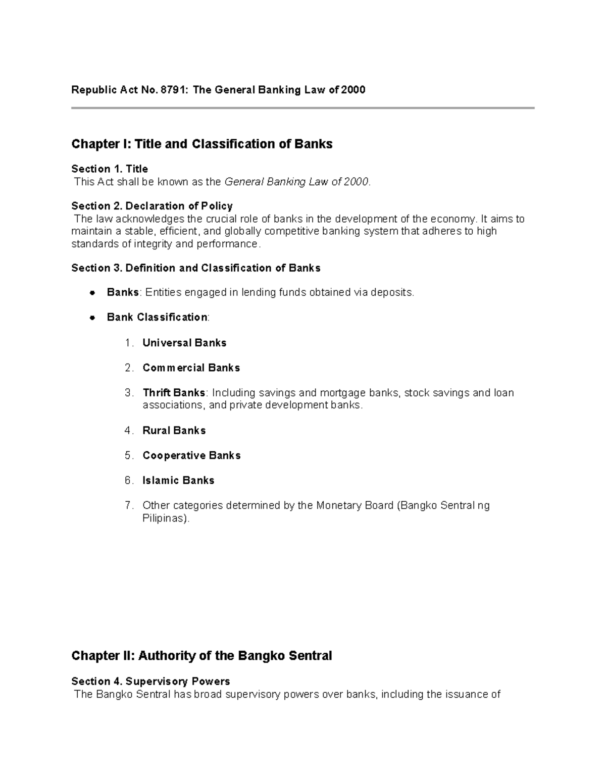 General Banking Law Overview: Key Provisions and Chapter Summaries ...