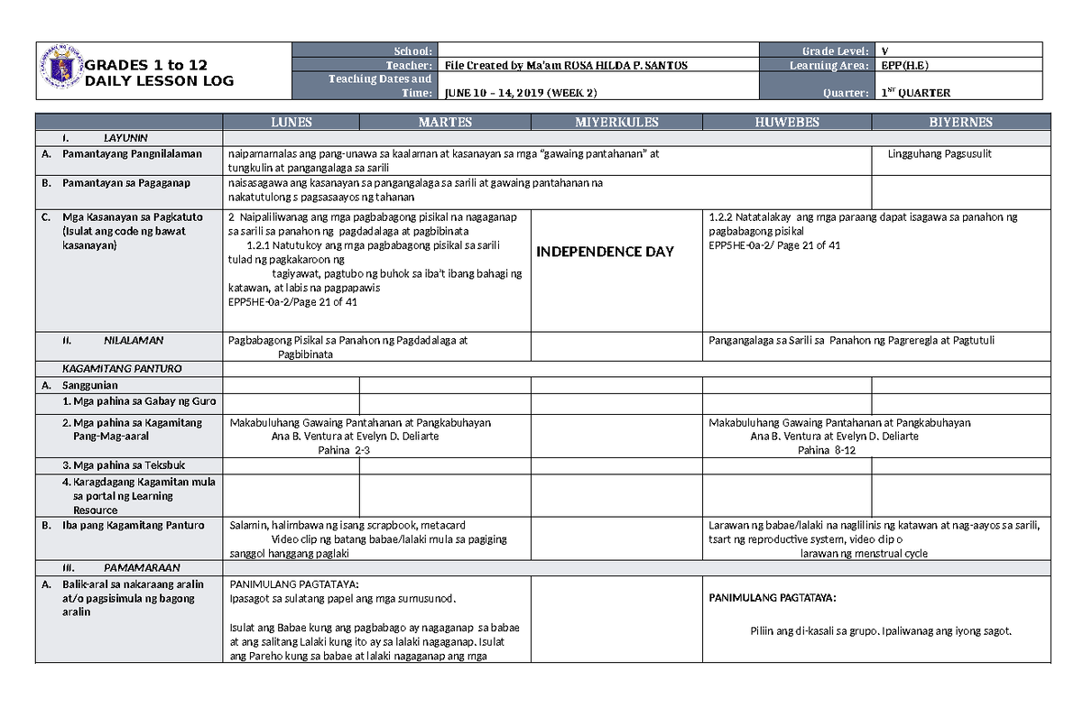 DLL EPP 5 Q1 W2 - Weekly Lesson Plan for Agriculture (Week 2) - Studocu