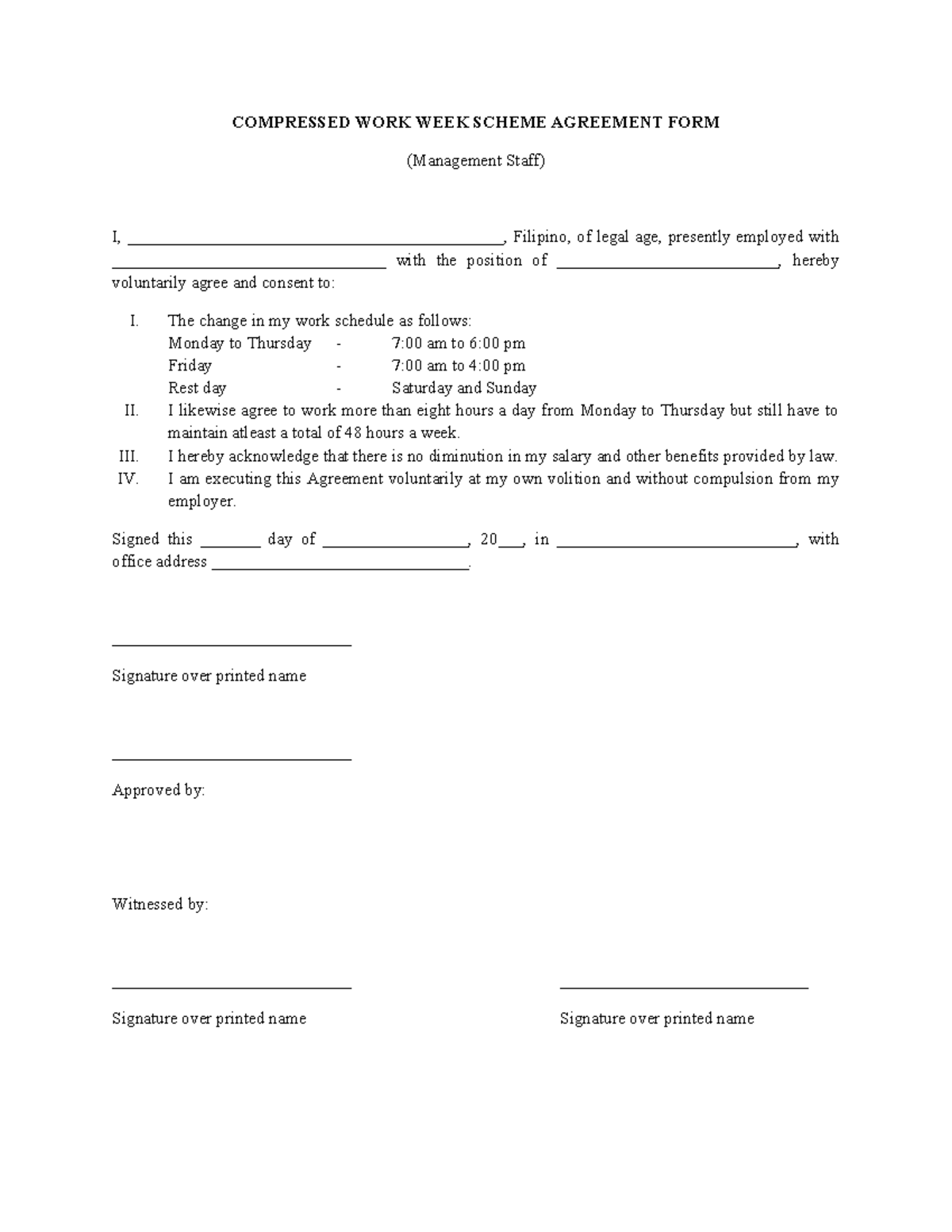 Compressed Work Week Agreement Form for Management Staff - Studocu