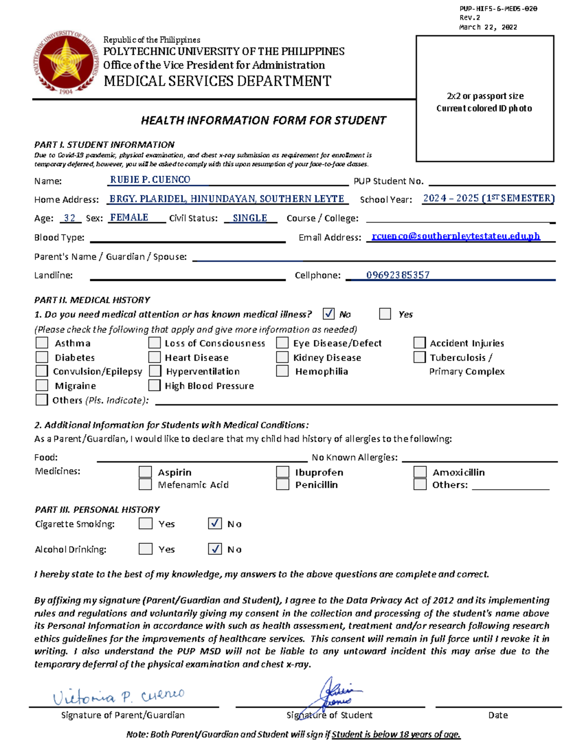 PUP-Medical Services Health Information Form for Students - Studocu