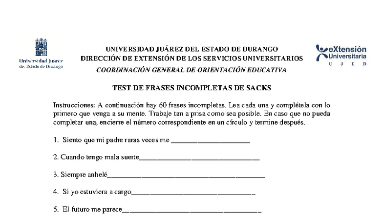 TEST DE FRASES INCOMPLETAS DE SACKS (SSCT) - UNIVERSIDAD JUÁREZ - Studocu