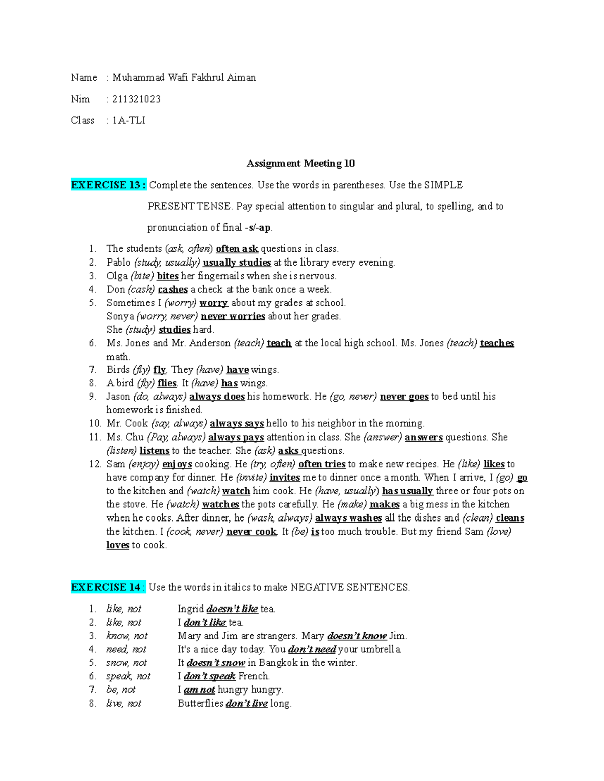 211321023 Simple Present Tense Exercises for Assignment Meeting 10 ...