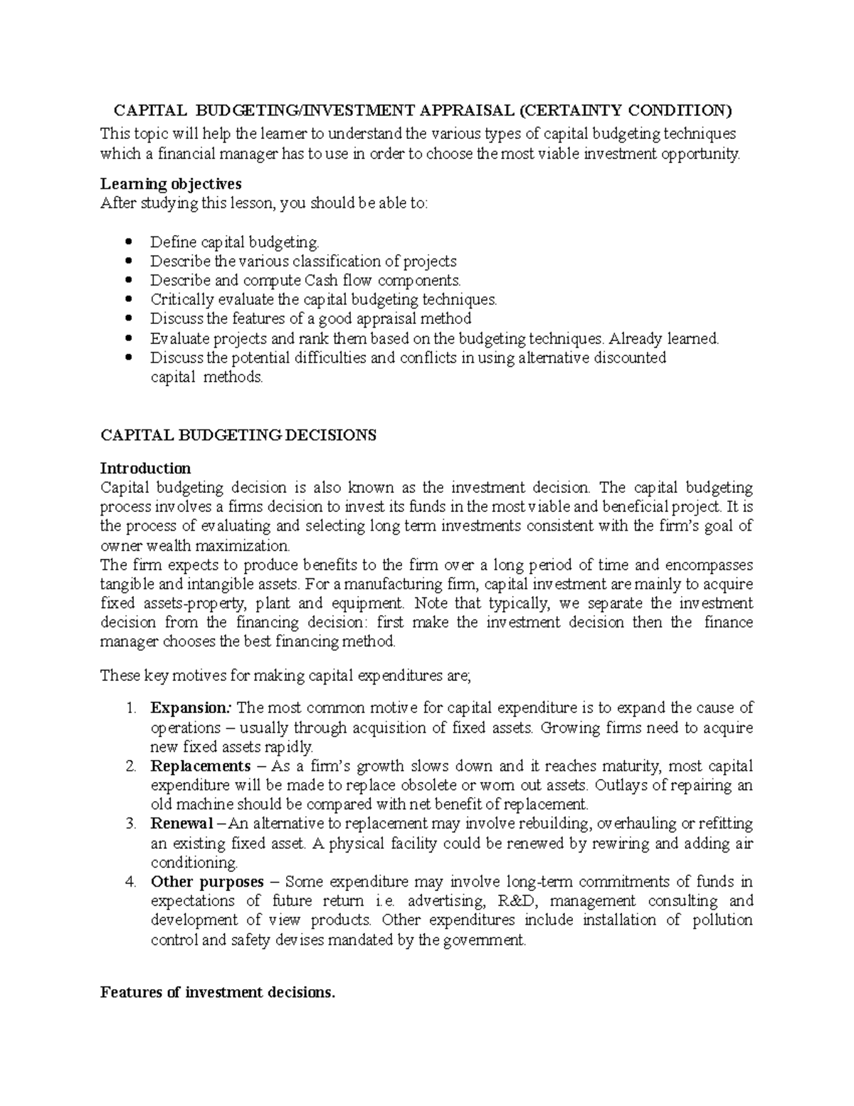 Capital Budgeting Techniques and Decisions - Lesson Notes - Studocu