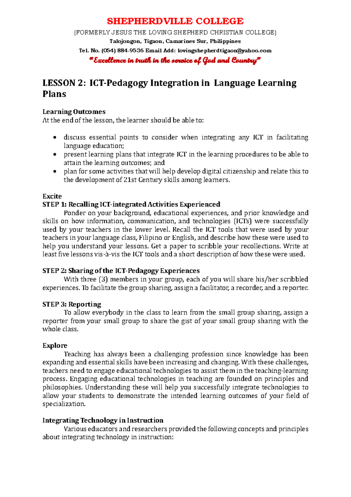 SHEPHERDVILLE COLLEGE TTL2: Lesson 2 - Integrating ICT in Language ...