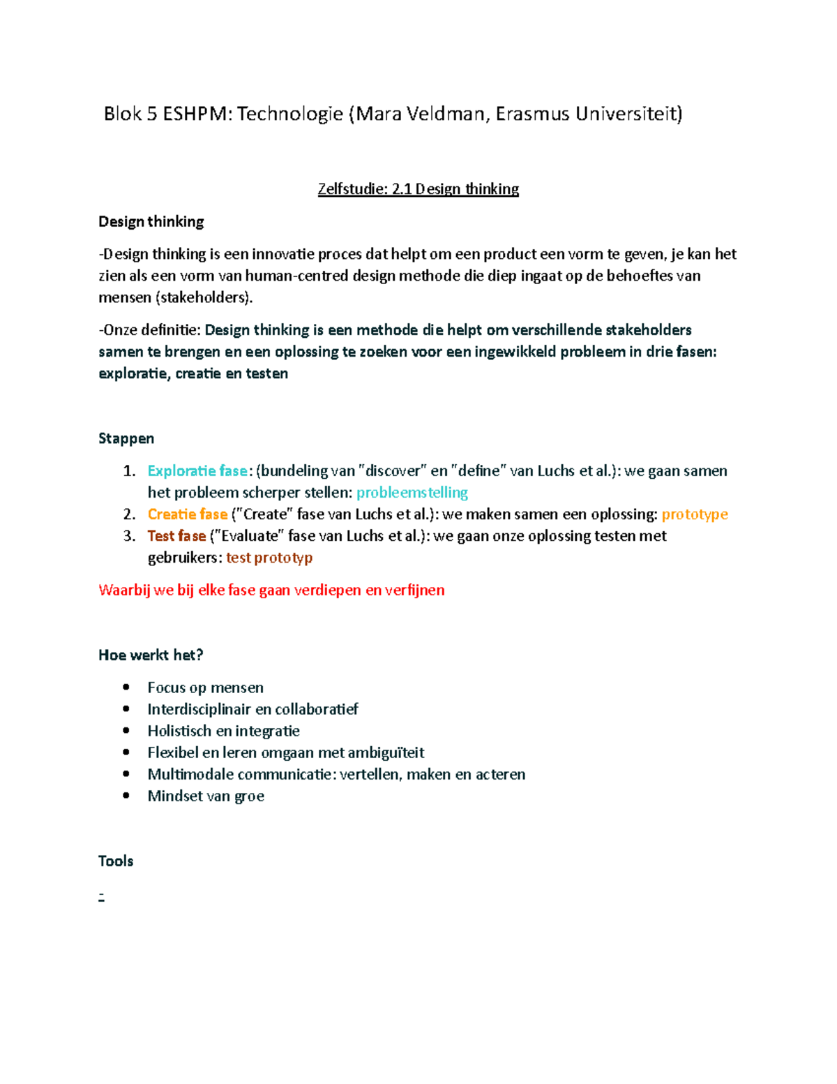 Innovatie en Technologie: Zelfstudie Design Thinking in ESHPM - Studeersnel