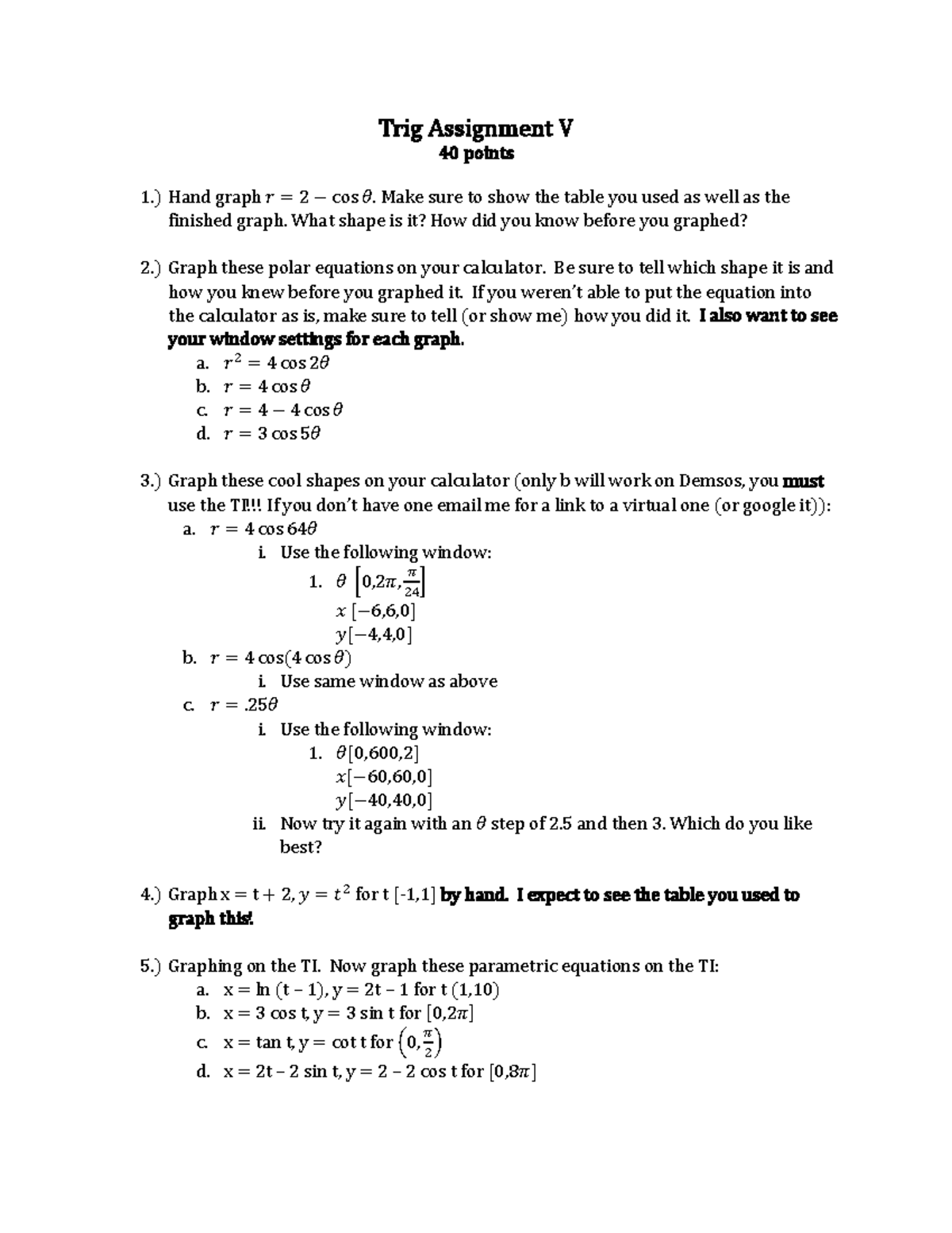 Trigonometry Assignment: Polar & Parametric Graphing Tasks - Studocu