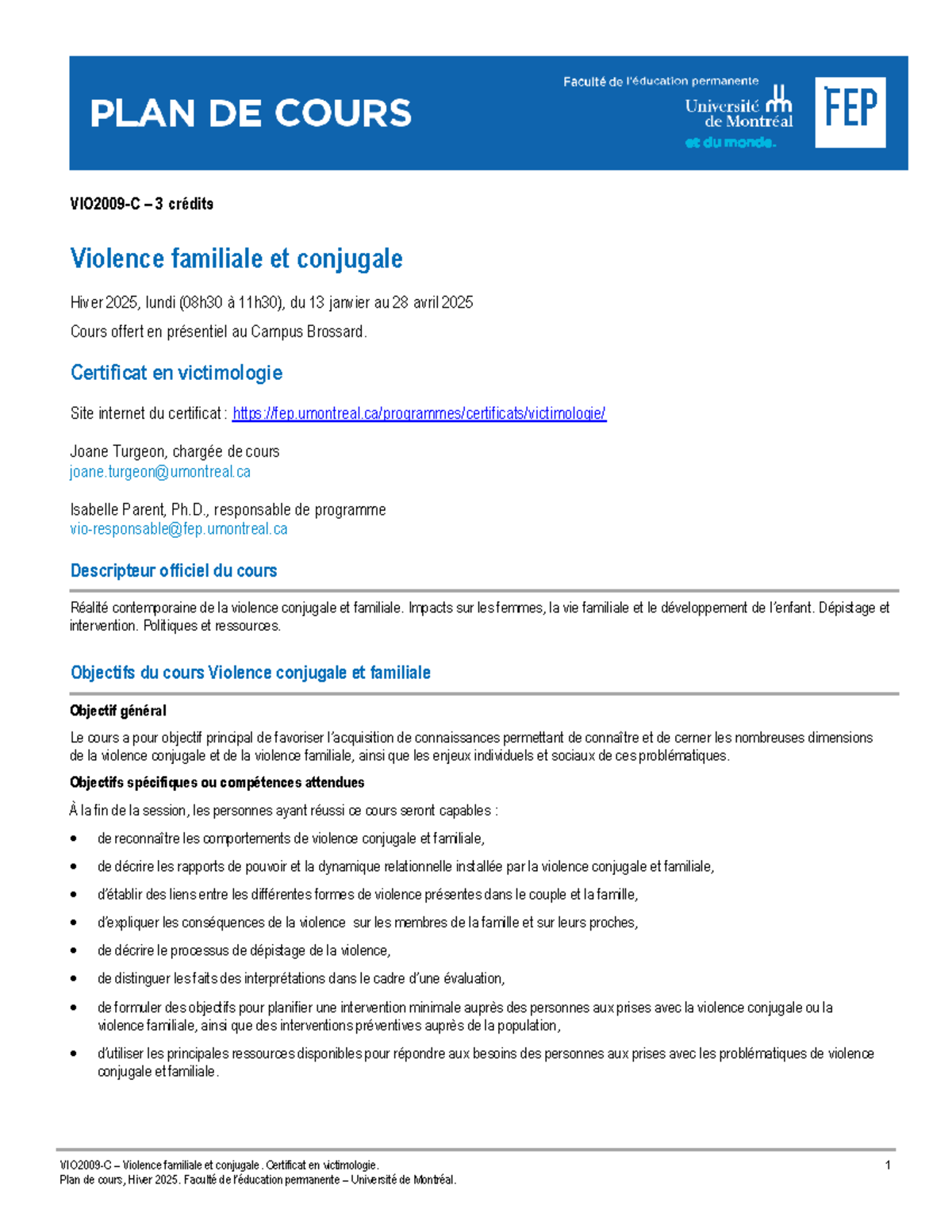 Plan de cours VIO2009 : Violence familiale et conjugale, Hiver 2025 ...