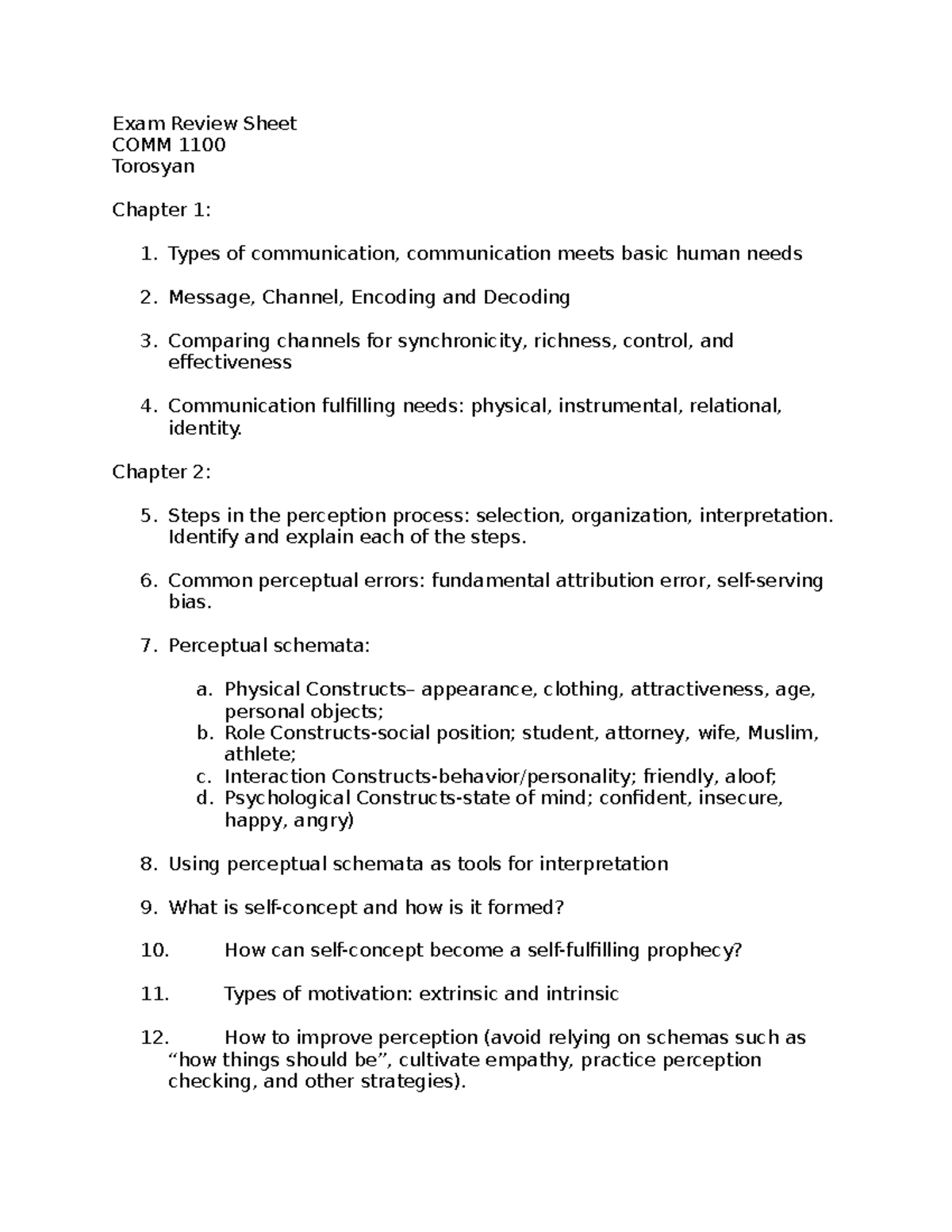 COMM 1100 Exam Review Sheet: Key Concepts in Communication - Studocu