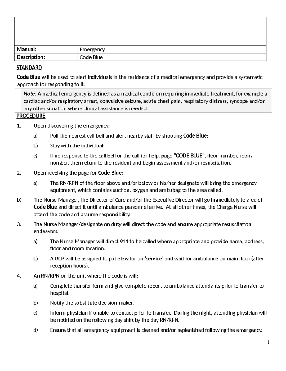 Code Blue Procedure: Emergency Response Guidelines and Standards - Studocu