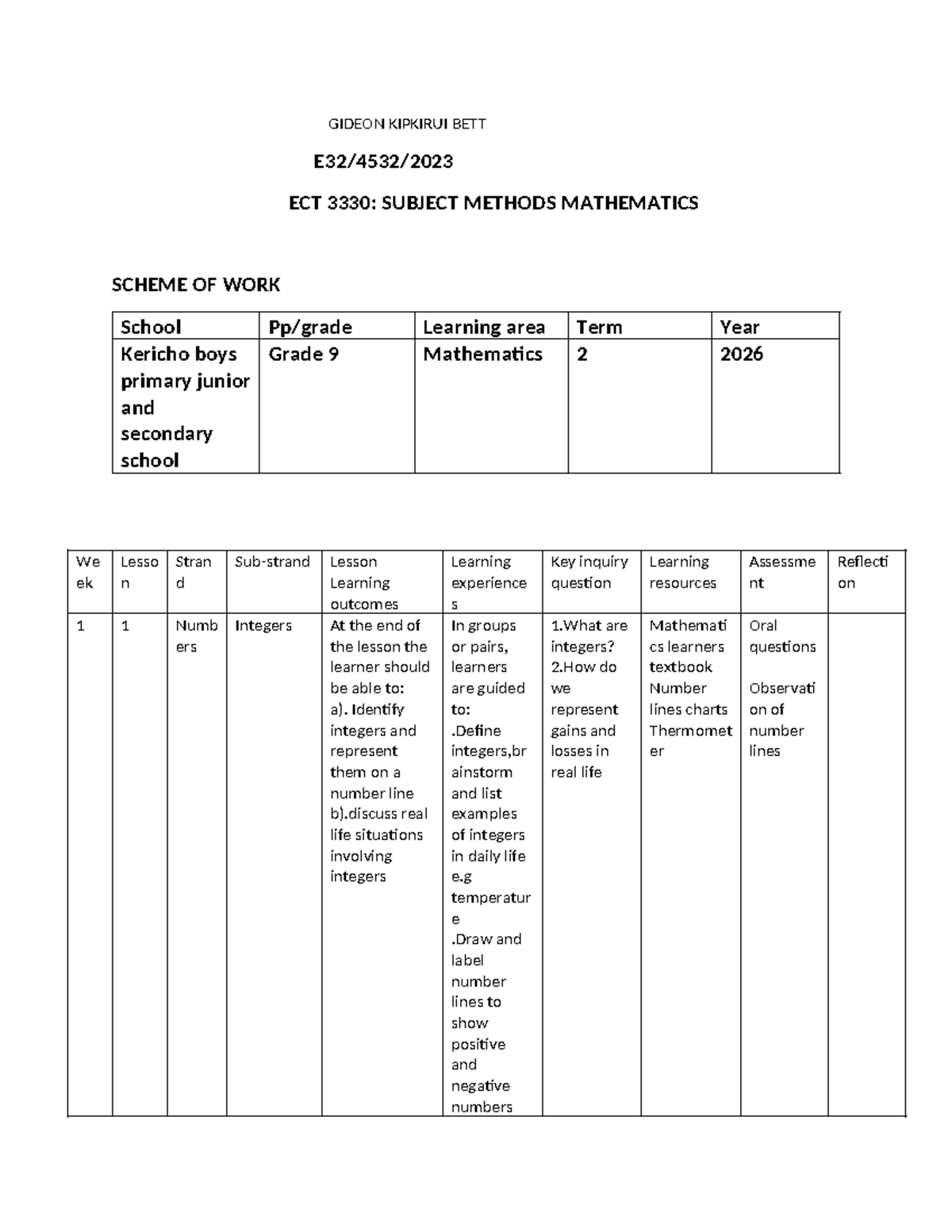 ECT3330 - Mathematics Scheme of Work for Grade 9: Integers & Roots ...