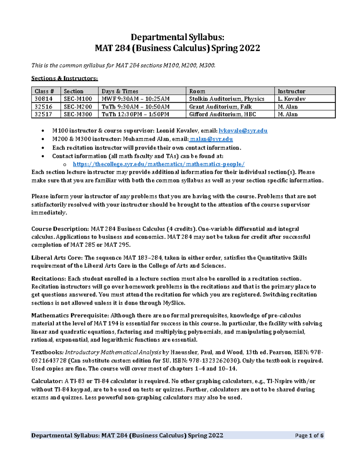 MAT284 (Business Calculus) Spring 2022 Course Syllabus Overview - Studocu