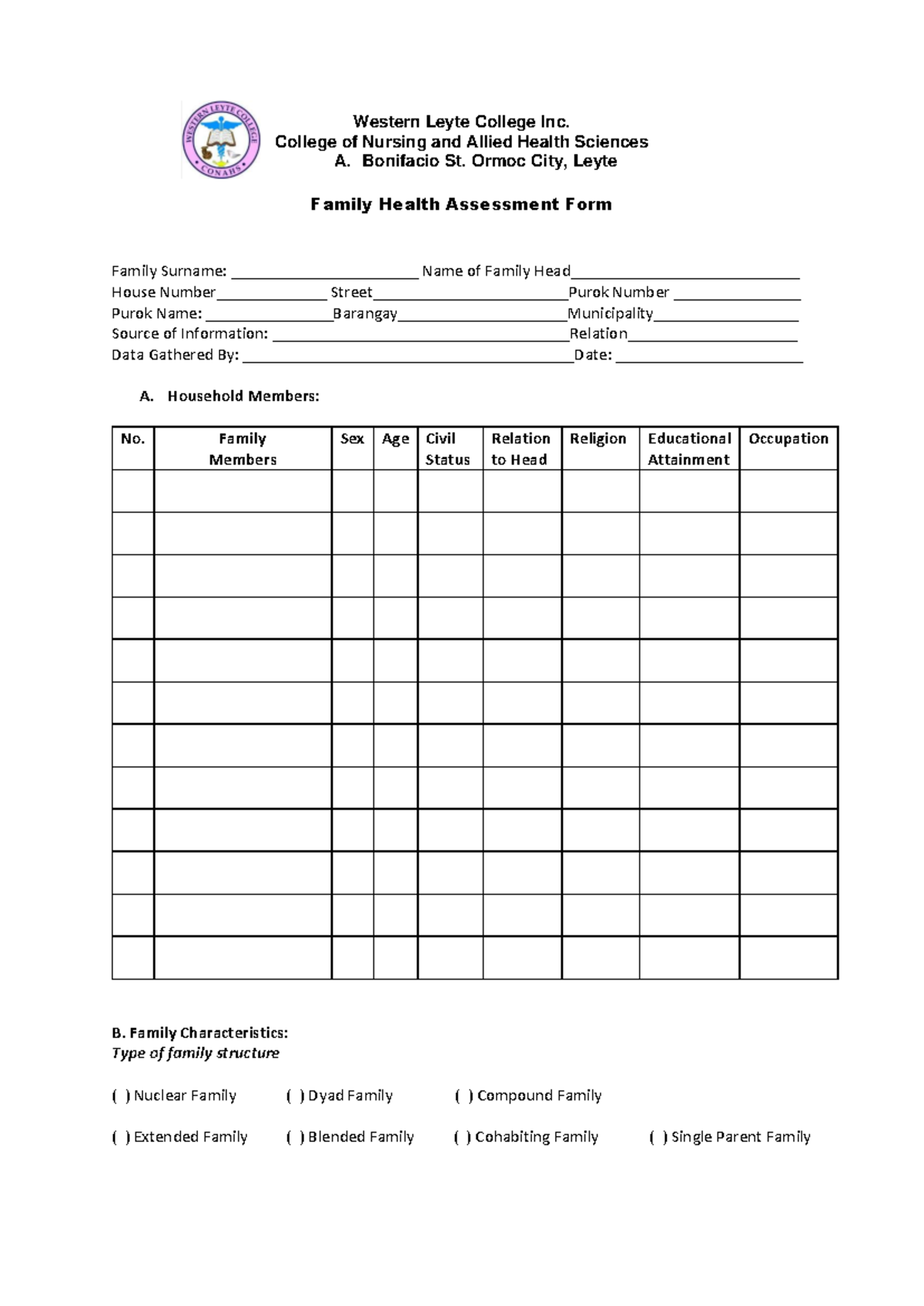 Family Health Assessment Form - Western Leyte College Inc. - Studocu
