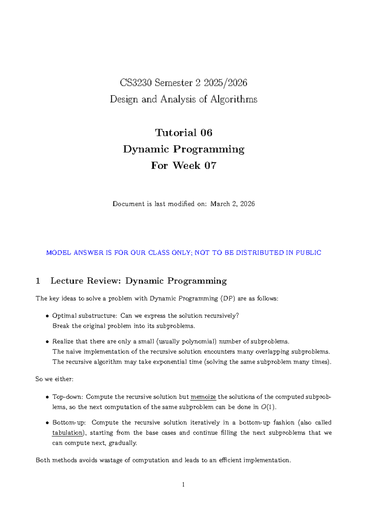 CS3230 Semester 2 Tutorial 06-10 Answers: Dynamic Programming & Greedy ...