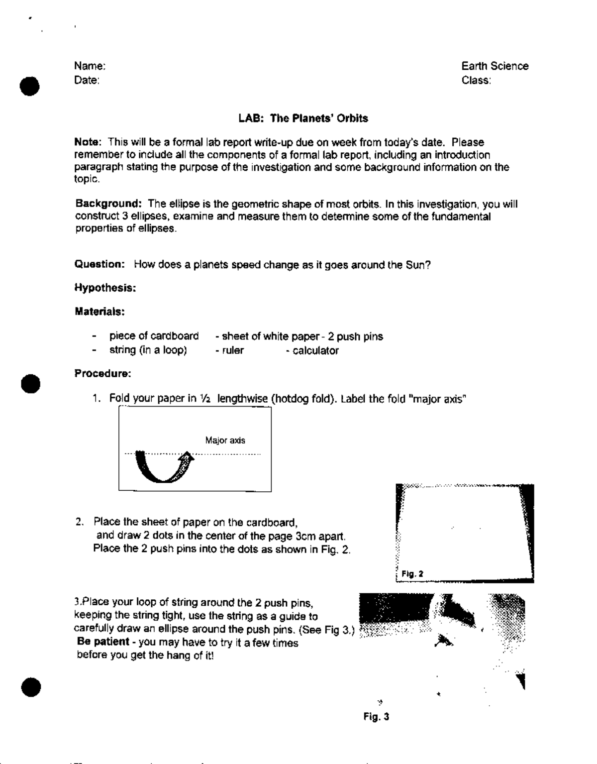 Planets orbits - lab - Name: Earth Science Date: Class: LAB: The Orbits ...